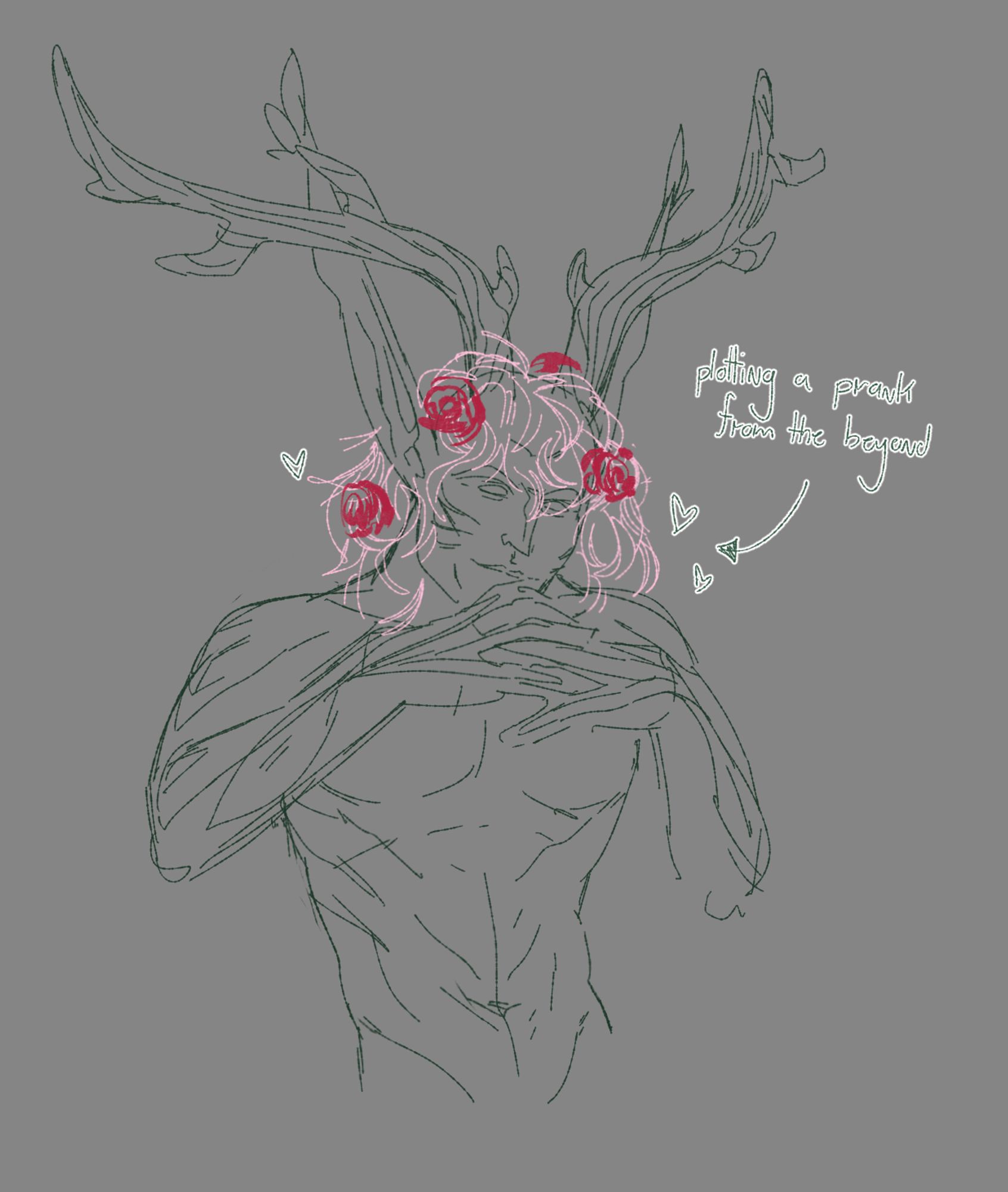 a doodle of a plantlike tiefling man with roses growing in his light pink hair and a pair of beautiful antlers. he has his fingers knit in front of his face, and is plotting a dastardly prank...