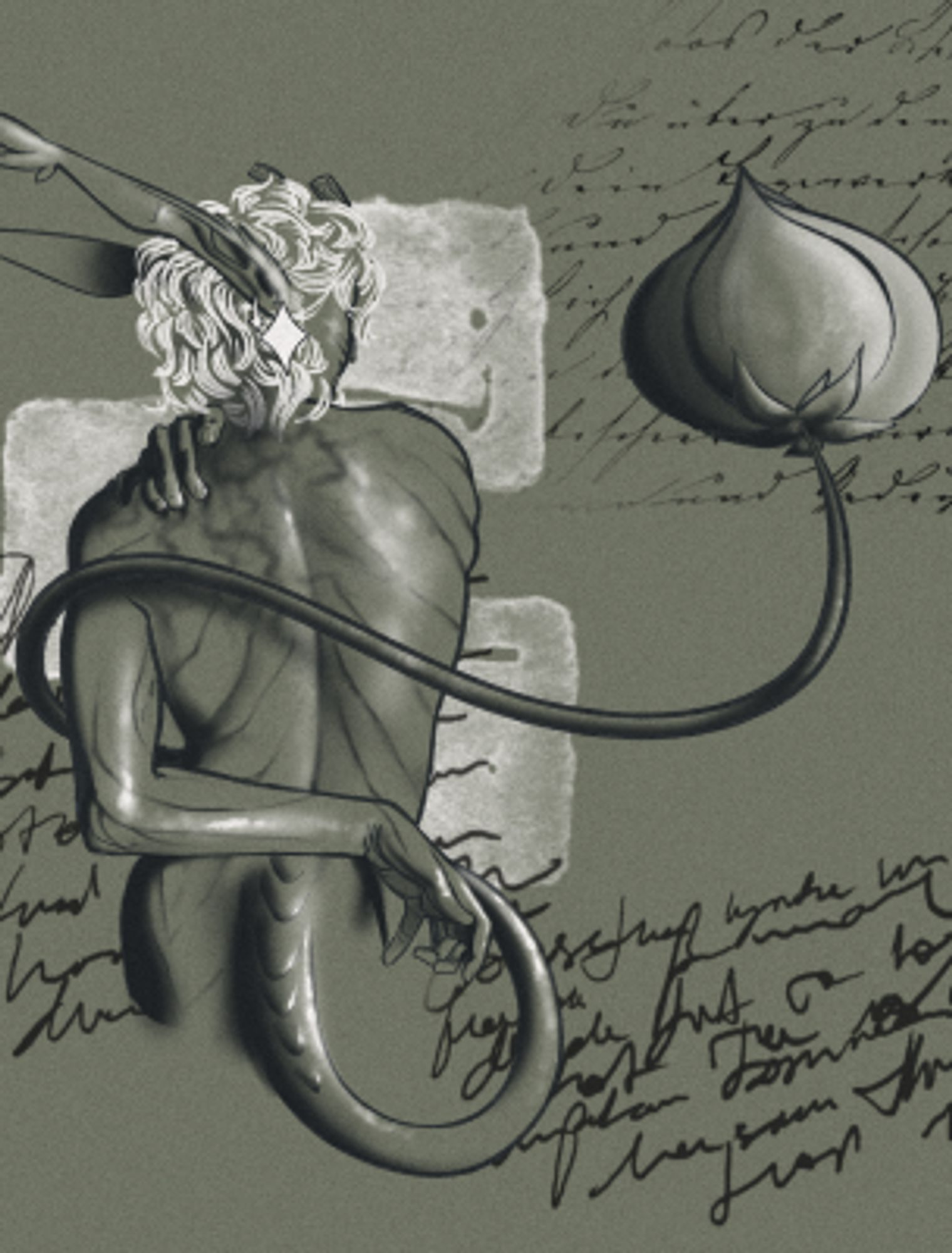 a monochrome shaded image of a green tiefling with his back to the viewer. he has short, light hair, and a long tail with a flower bulb on its end. his antler horns are sheared short. he's in a somewhat contorted pose, with an arm behind his back, and his other hand on his opposing shoulder, which winds with dark, rotten veins down his neck and back.