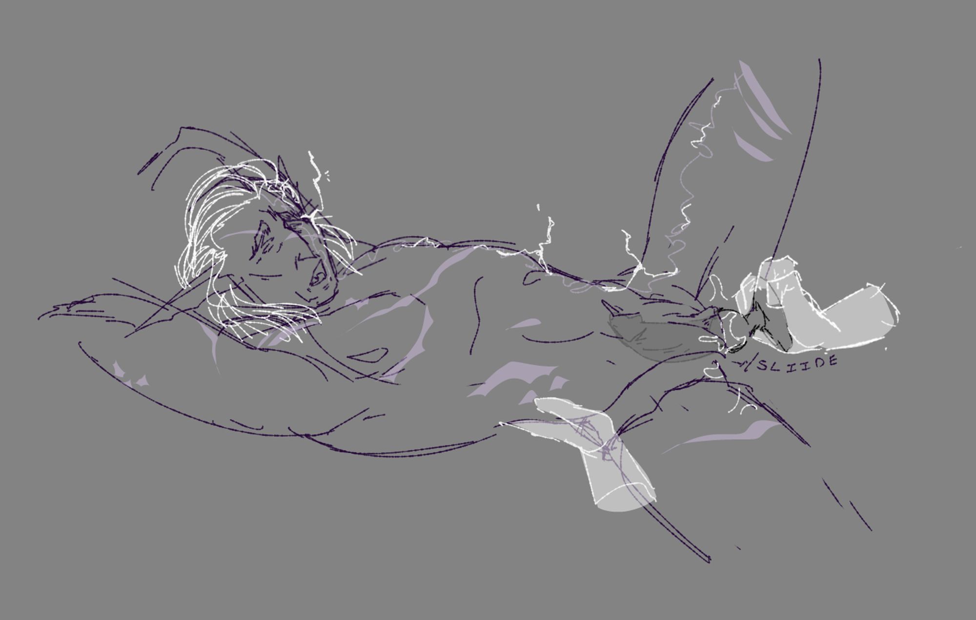 a messy sketch of a middle aged drow laying on his back with his arms up. his legs are spread, and a magic hand is pushing a knotted dildo into his wet pussy. another is gently caressing his side. arcs of static electricity snap into the air that emanate from his magic scars.