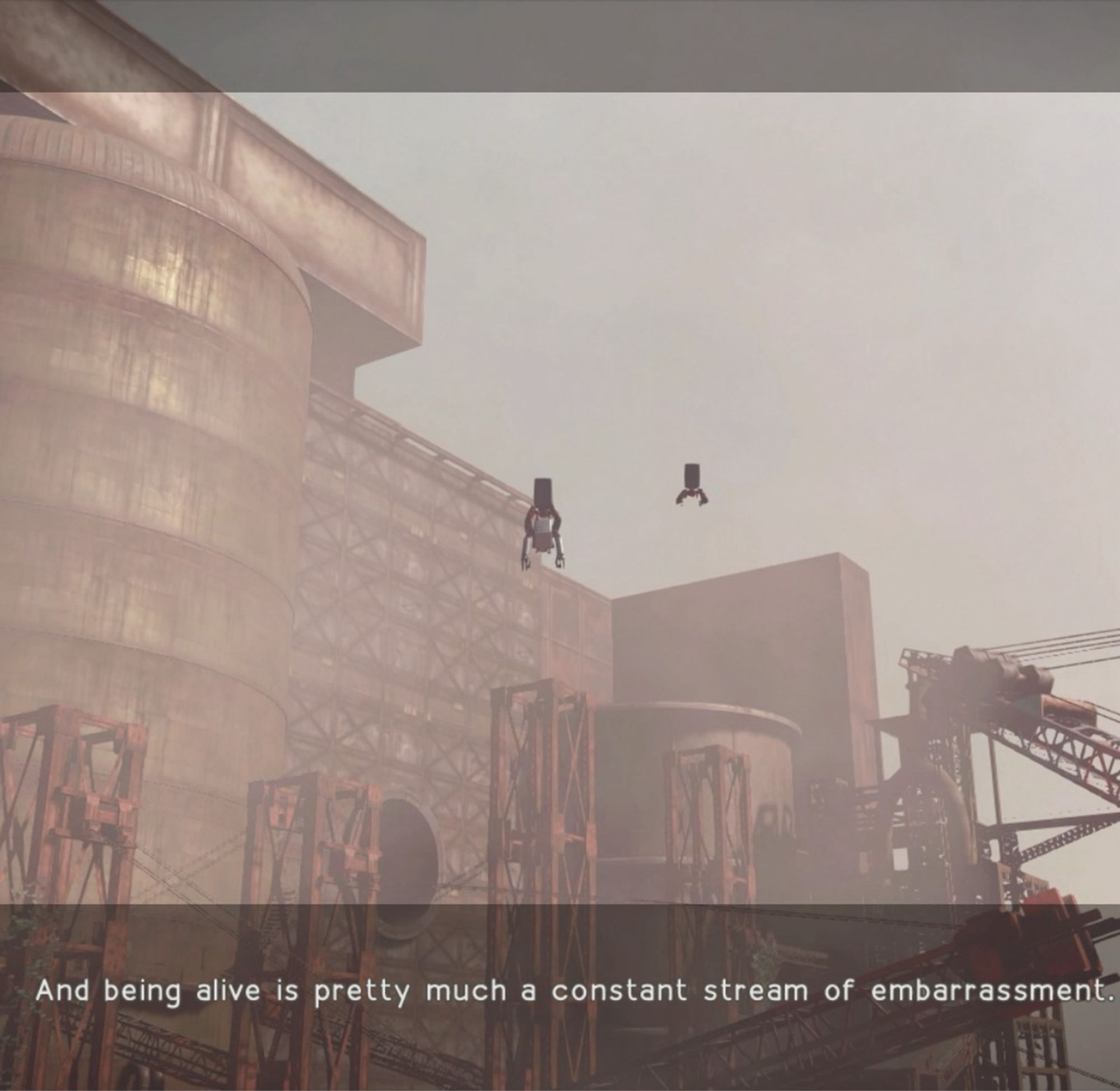 Screenshot from Nier: Automata with the text “And being alive is pretty much a constant stream of embarrassment.”