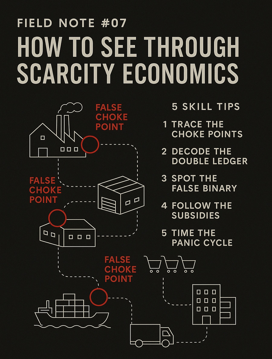 A monochrome, poster-style header on black. Title: ‘Field Note #07: How to See Through Scarcity Economics.’ A dotted path connects icons of a factory, warehouse, small plant, cargo ship, truck, shopping carts, and an office building. Red circles labeled ‘FALSE CHOKE POINT’ mark several nodes along the path. To the right, a list reads: 1) Trace the choke points, 2) Decode the double ledger, 3) Spot the false binary, 4) Follow the subsidies, 5) Time the panic cycle.