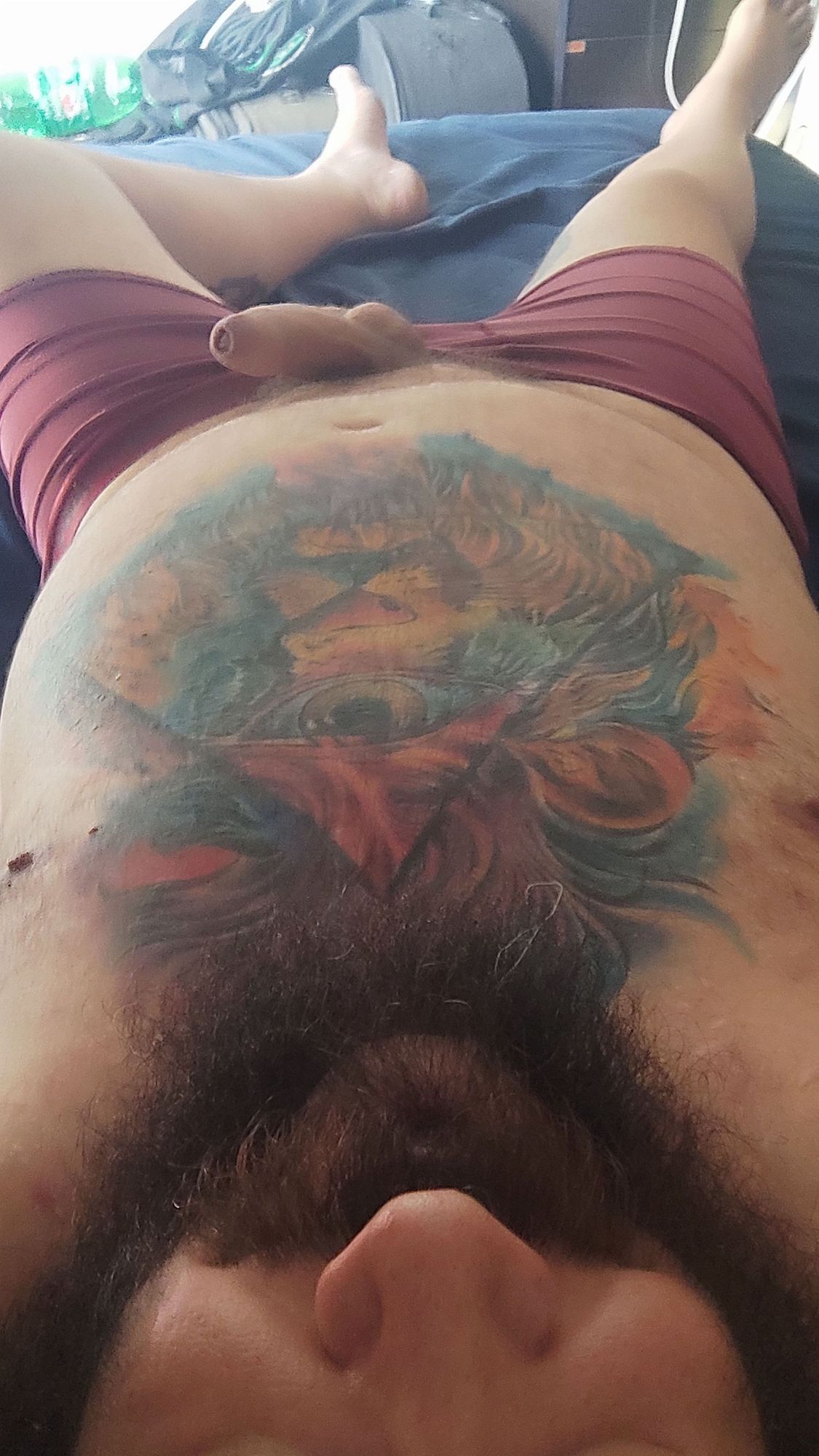 selfie of a big bellied human bear with a one eyed lion tattoo and his fat cock