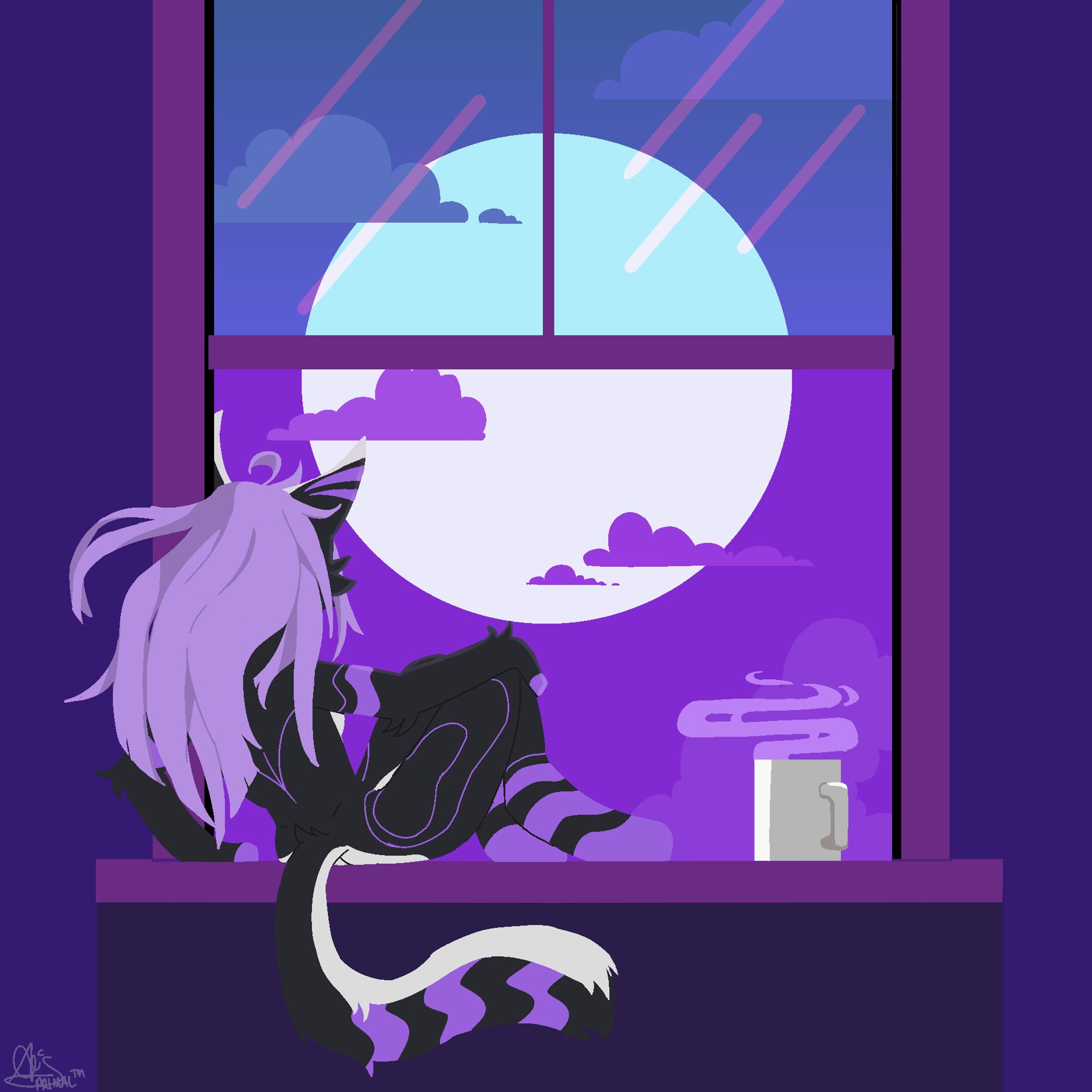 A picture of Sef's Neon Purple cat, in a purple and blue background on a windowsill looking at the cloudy moon. A cup of coffee with soft steam sits next to Sef.