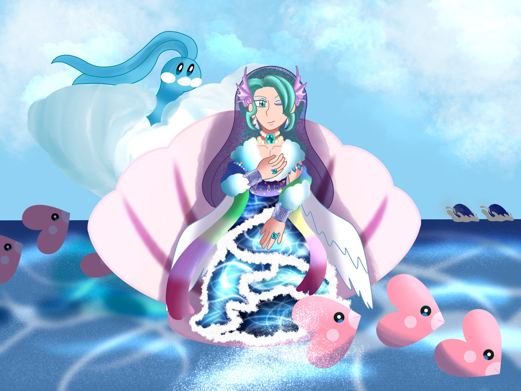 Wallace on top of a seashell in the middle of the ocean, referencing the "Birth of Venus" artwork with the post and scenery. An Altaria is seen behind the shell, as multiple luvdiscs are in the background or in front of Wallace.