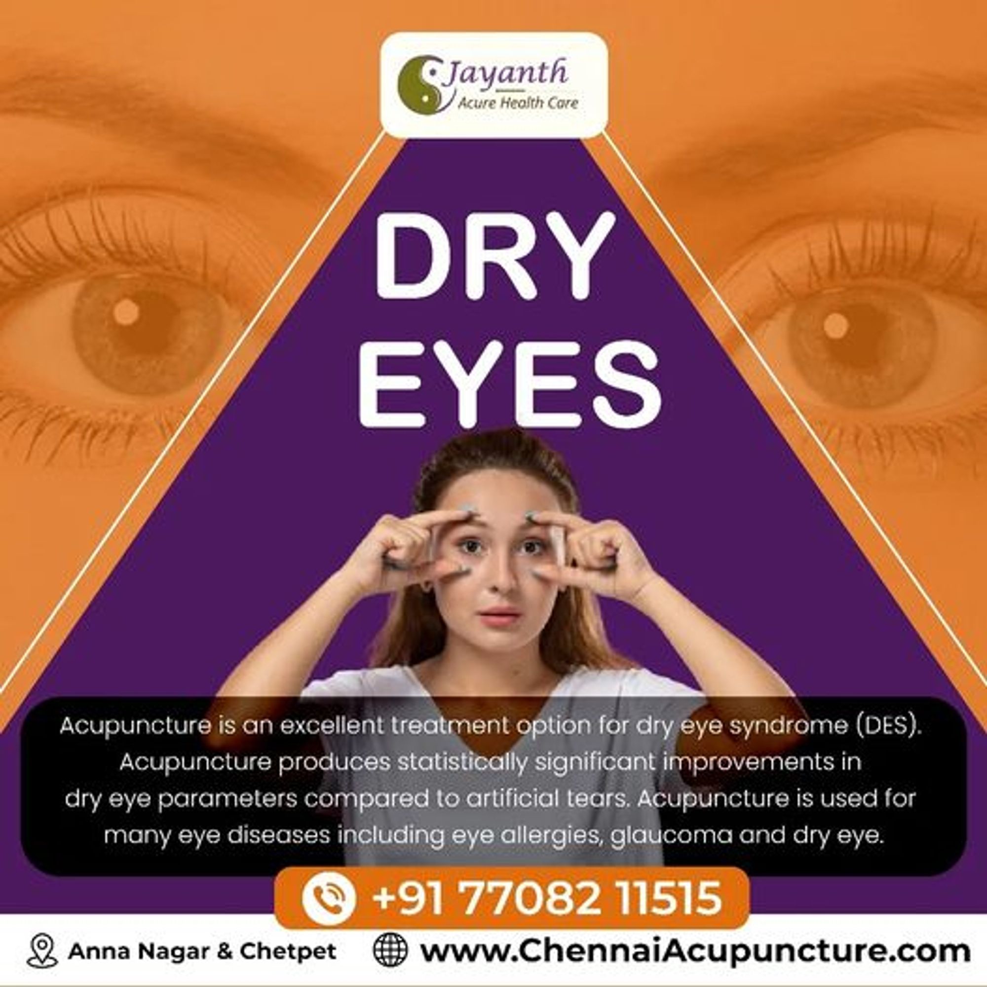 Effective Dry Eyes Acupuncture Therapy in Chennai - Jayanth Acupuncture Clinic. Get relief from dry eyes with top-rated acupuncture treatment at Jayanth Acupuncture Clinic in Anna Nagar and Chetpet, Chennai. Our skilled practitioners use holistic techniques to enhance tear production and reduce eye discomfort. Schedule a consultation now!

Best Acupuncture treatment for Dry Eyes in Chennai.

#ChennaiAcupuncture #AcupunctureChennai #acupuncturetherapy #jayanthacupuncture #acupunctureclinic #acupuncture #BestAcupuncturistChennai #AcupunctureAnnanagar #அக்குபஞ்சர் #AcupunctureTreatment #acupunctureclinic #dryeyes #dryeyestreatment #Chennai #AnnaNagar #AcupunctureNearMe #AcupunctureWorks #HealthTips #EyeCare #EyeCareTips #HealthyLiving #HealthyLifeStyle