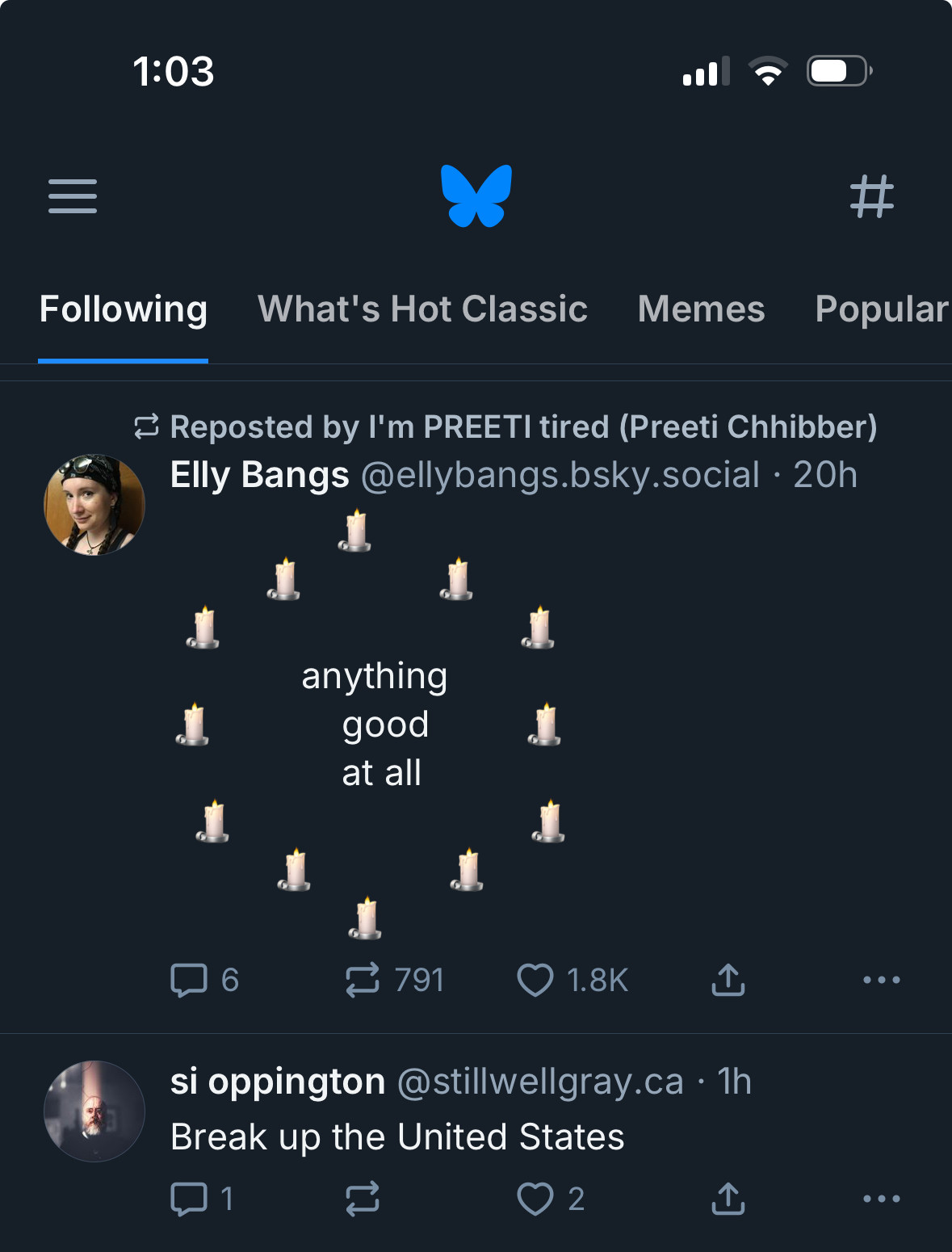 Screenshot of my timeline where the first post is an account making a circle of emoji candles with the words "anything good at all" in it (it's a summoning circle, is the joke). The second post in the screenshot is the one I'm responding to, which reads "break up the United States. But at first glance I thought "break up the United States" and the summoning circle were parts of the same post. They are not! Unless...?