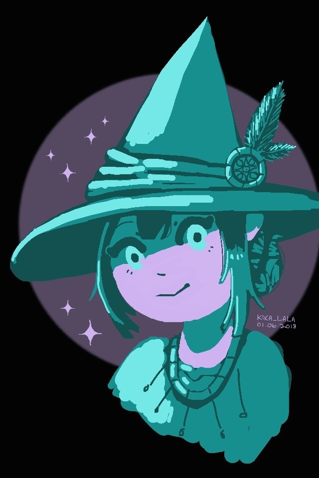 Lineless head shot of a smiling girl wearing a witch hat using only 5 colors on a black background 