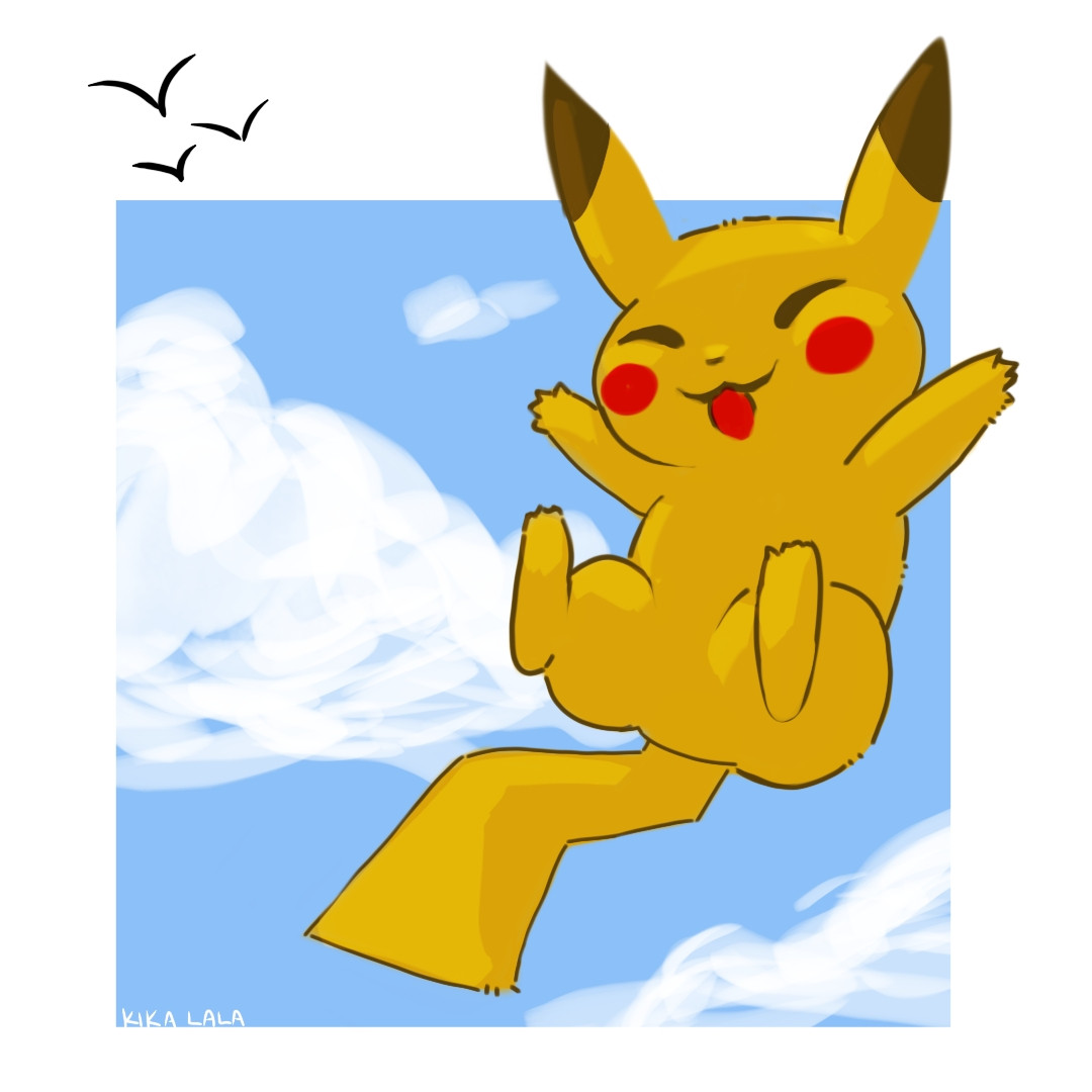 A happy Pikachu jumping up in the air. Blue sky background with some fluffy clouds and birds in the distance 