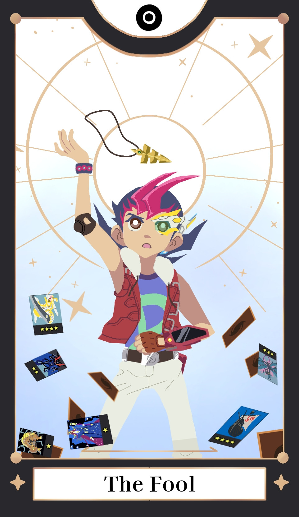 Tarot card "The Fool" with Yuma Tsukumo from Yu-Gi-Oh Zexal. He is reaching for Astral's key above him and various XYZ cards are scattered in front of him. 