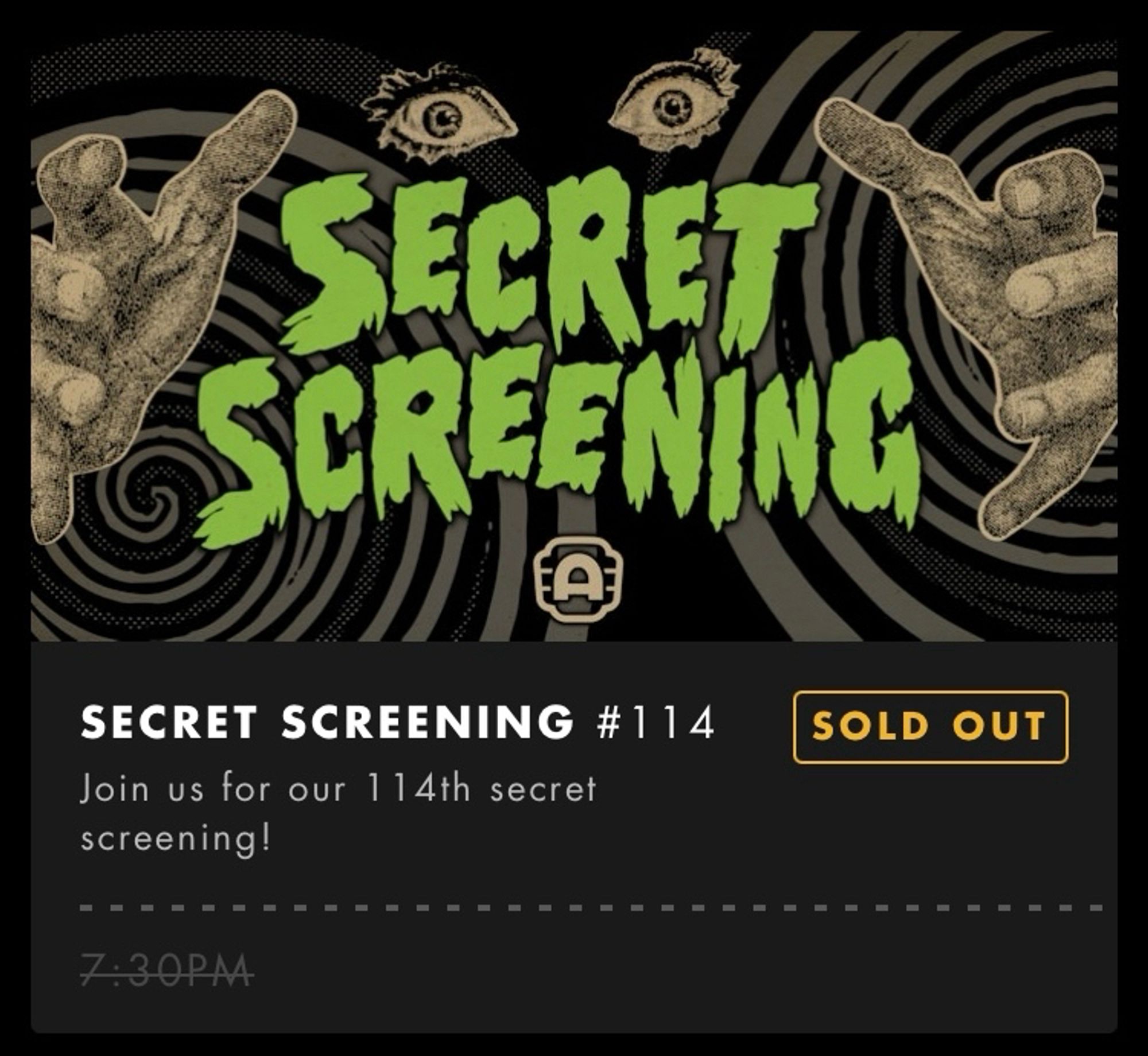 Screenshot of the Alamo Drafthouse app displaying the title graphic for the Secret Screening series