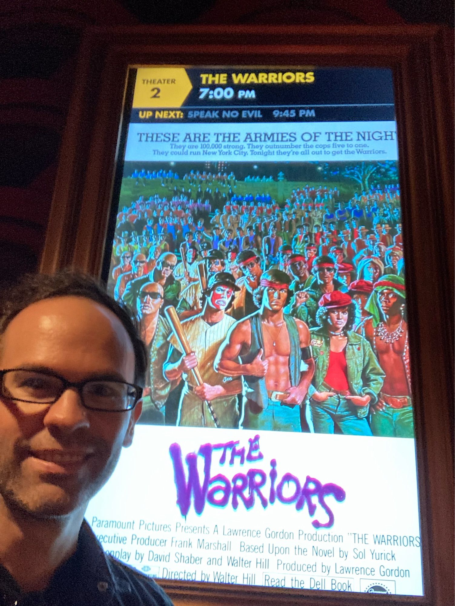 Selfie in front of the movie poster for The Warriors at Alamo Drafthouse