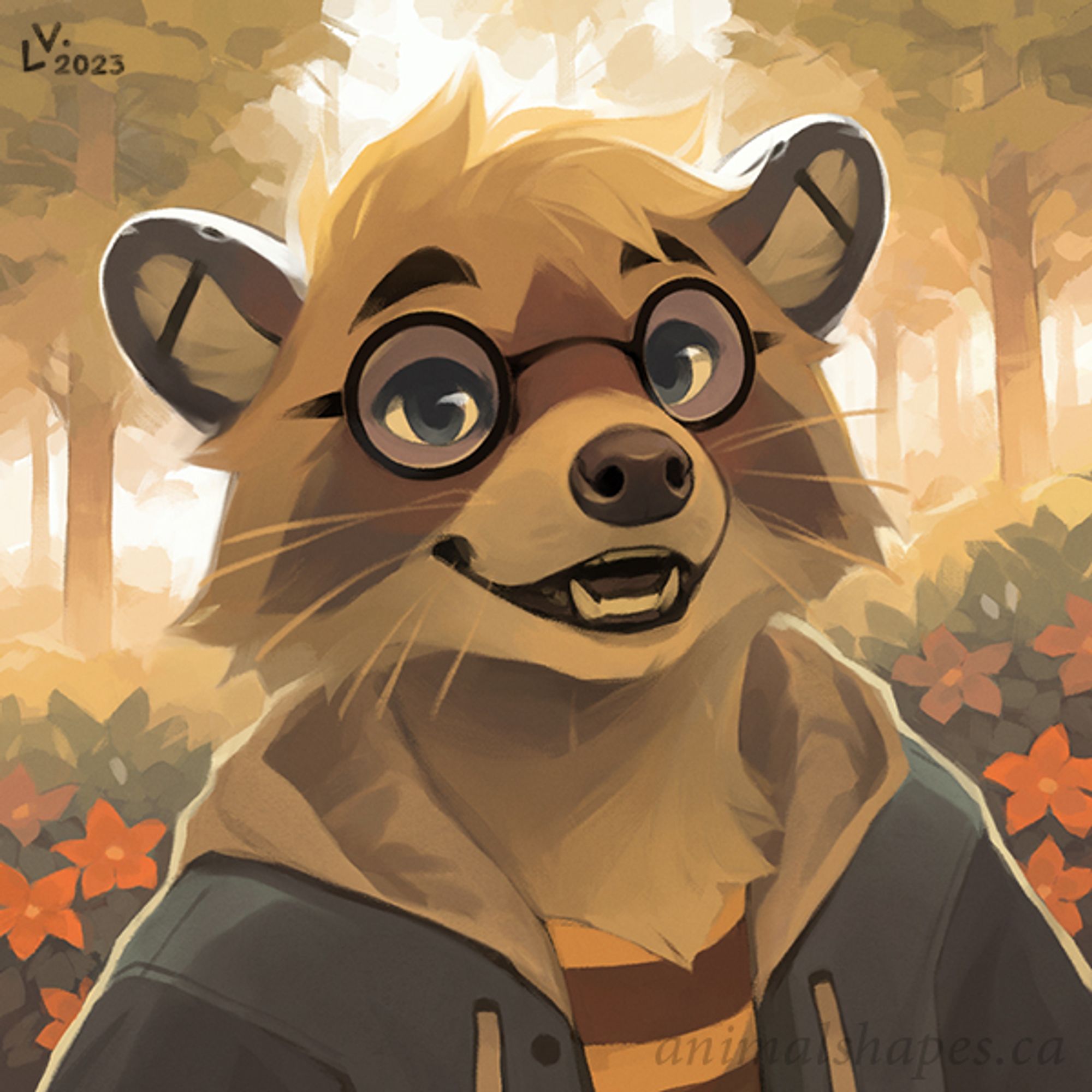 Oh a very happy raccoon! Warm, sunny forest vibes and a cozy jacket/hoodie combo. Digital (Photoshop CC), 2023.