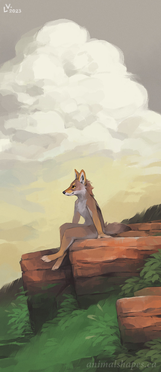 A coyote; sandstone cliffs; soft grass; portentous clouds. Digital (Photoshop CC), 2023.