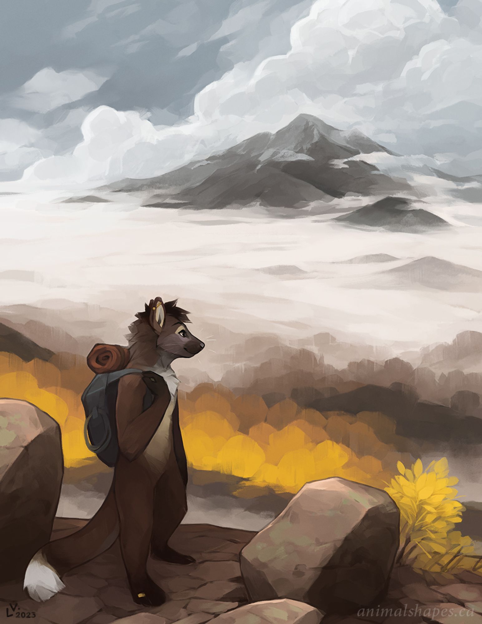 A pine marten on a rocky hilltop, idly adjusting his backpack as he looks ahead. Mist surrounds the autumn-colored trees below. Rising clouds frame a mountain in the distance. Digital (Photoshop CC), 2023.