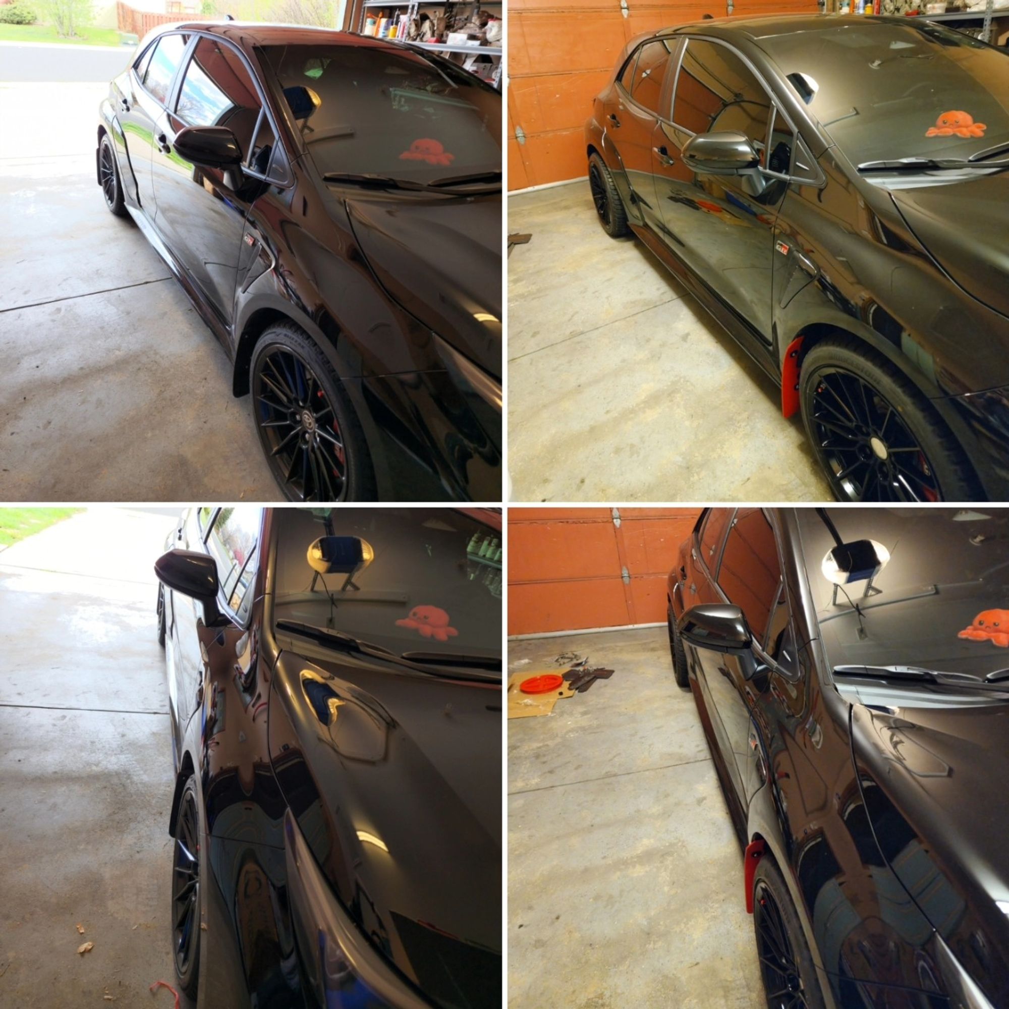 Black Toyota GR Corolla before and after front-side profile pics