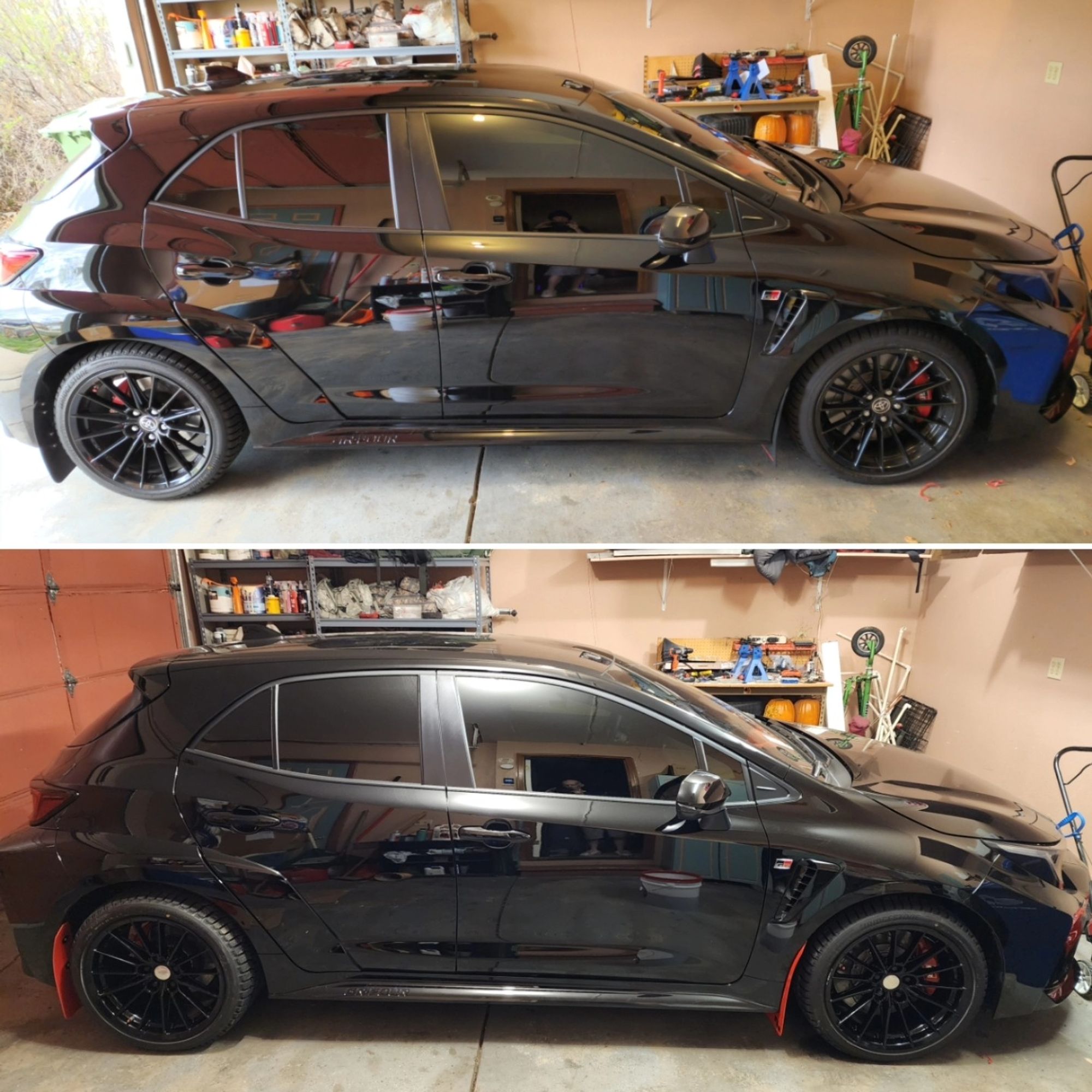 Black Toyota GR Corolla before and after upgrade side profiles