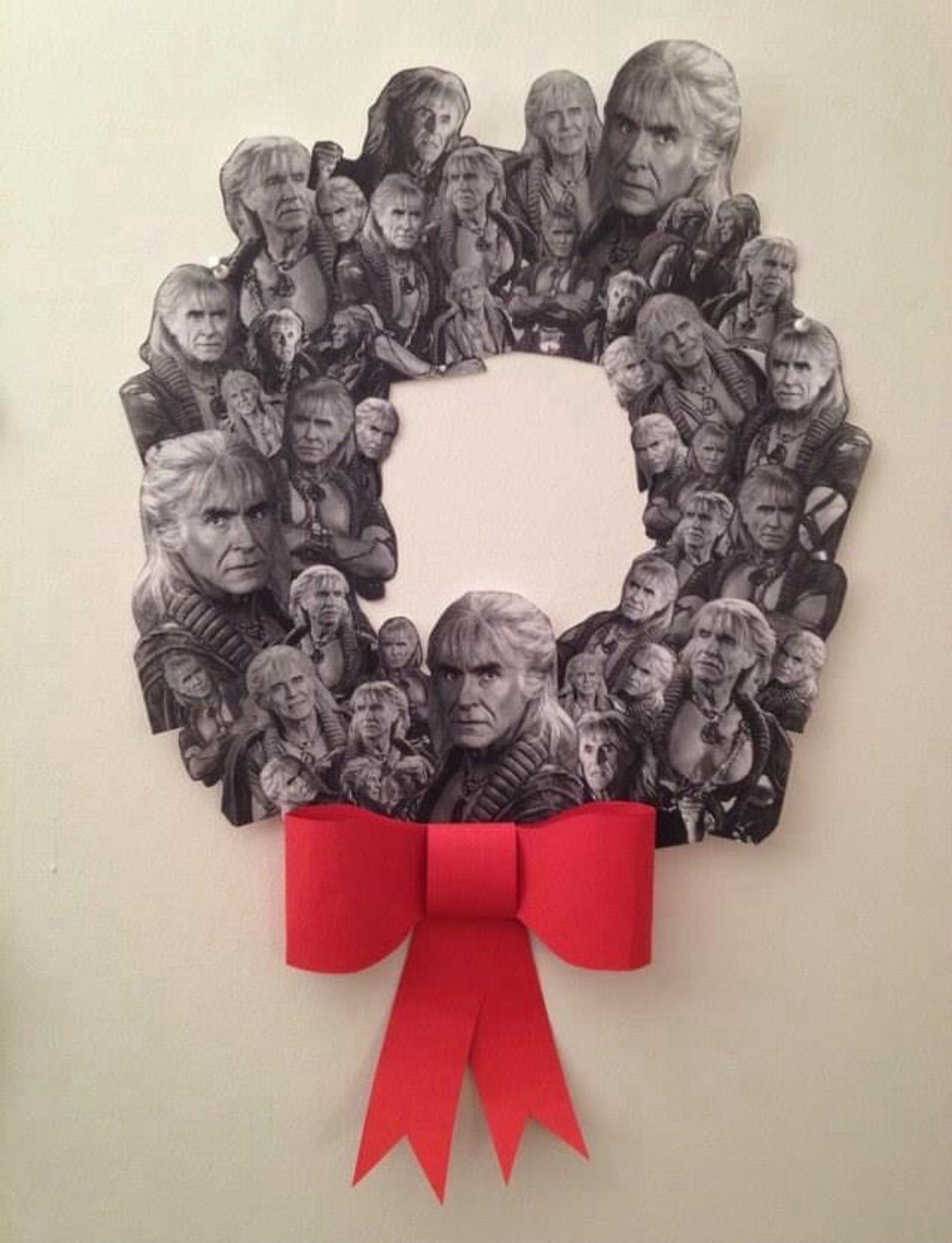 A Christmas wreath made of pictures of Khan from Startrek