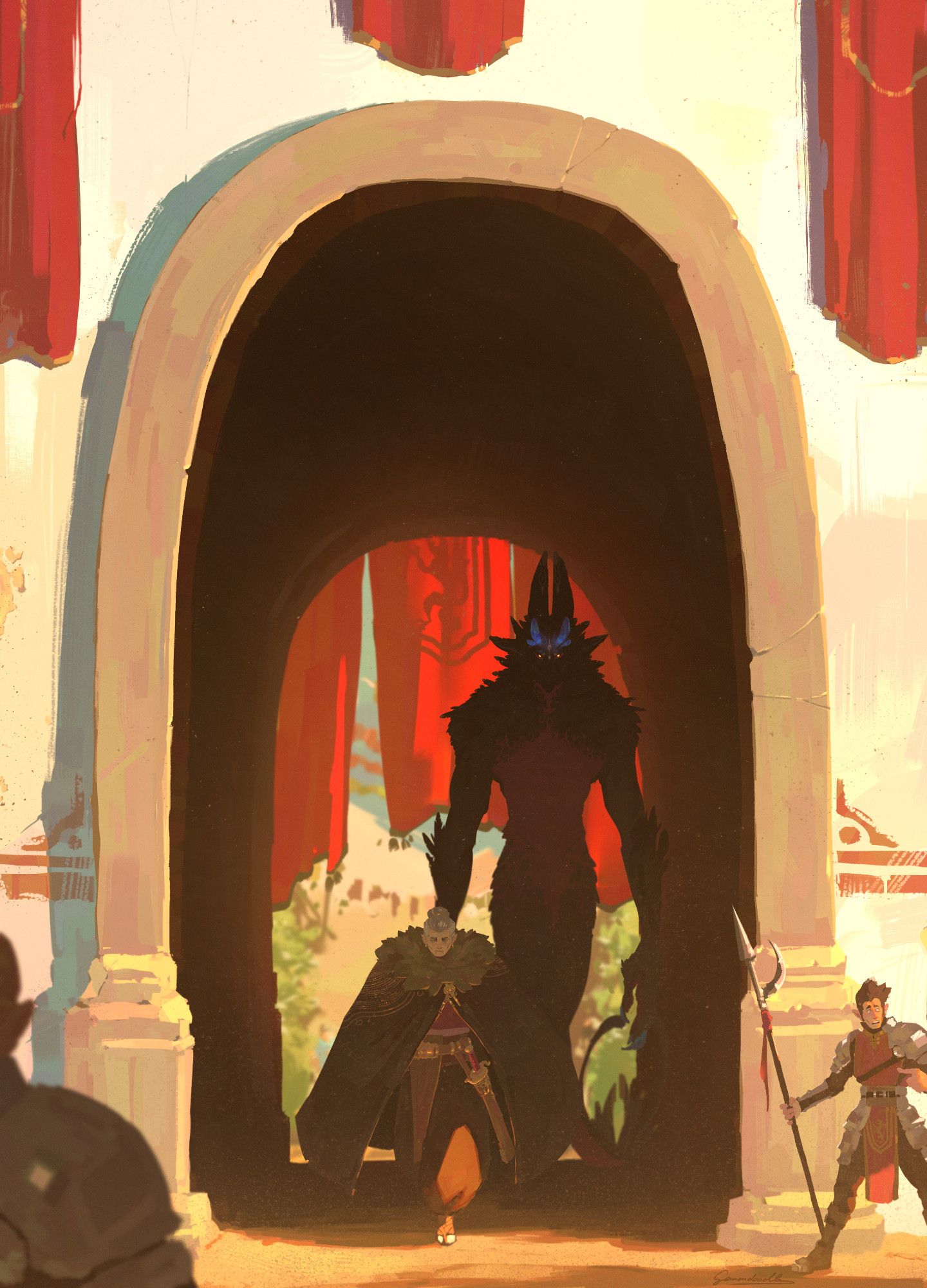 a detailed painting depicting an older grey-haired woman in a big black coat carrying a sword walking through a dark arch, behind her is a twice as tall figure with feathers, a tail, 4 ears, blue glowing horns and orange eyes, most of which obscured by the darkness. both stare at the viewer intensely. the farther entrance is covered in red cloth and at the front is a visibly scared soldier pointing in their direction.