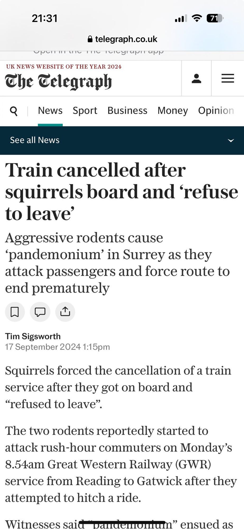 Screen shot of a Daily Telegraph article describing how rogue squirrels board a train and attacked passengers causing the service to be cancelled.