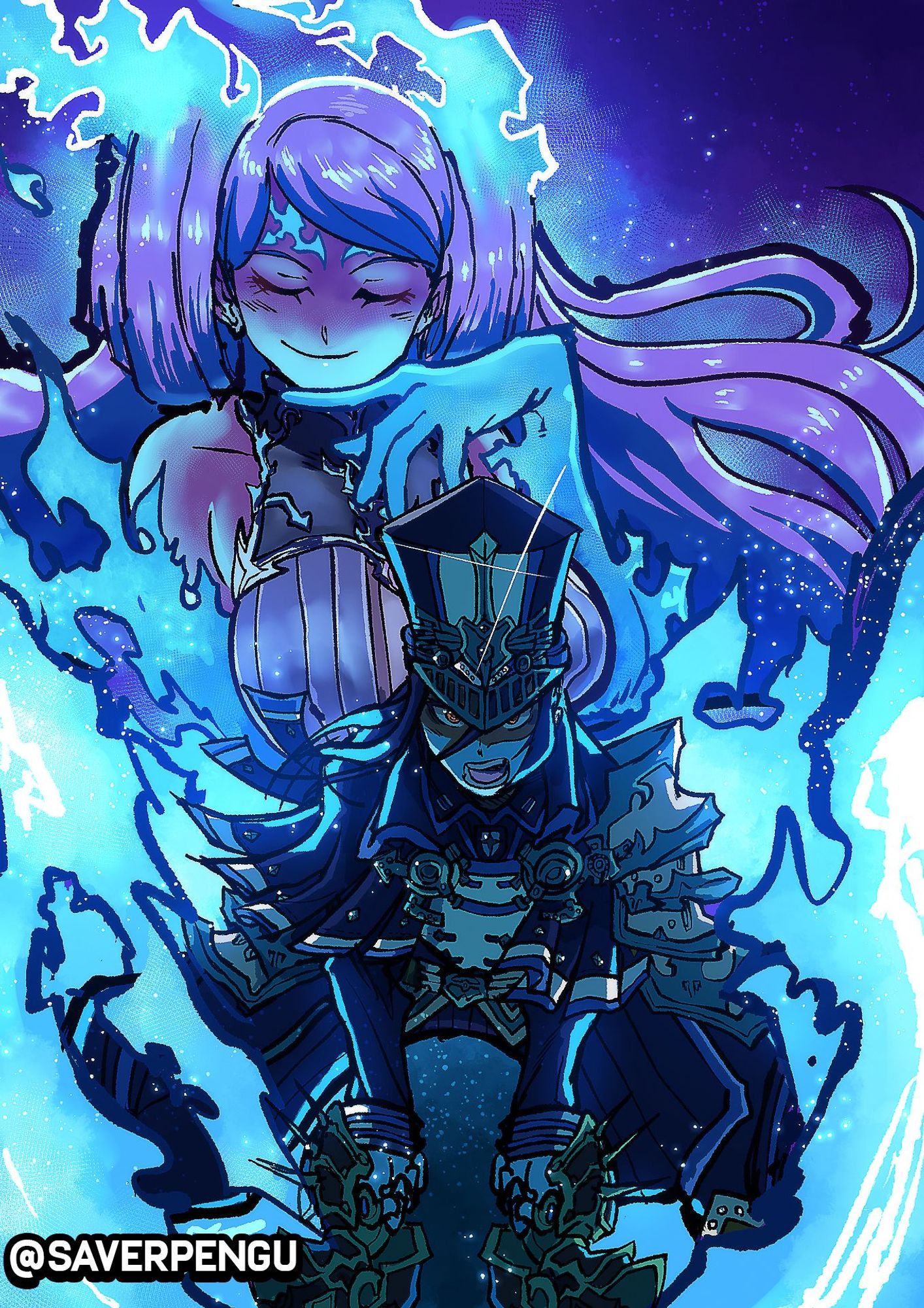 Morag wielding her dual swords with an intense shouting expression surrounded by blue flames. Brighid is smiling confidently in the background.