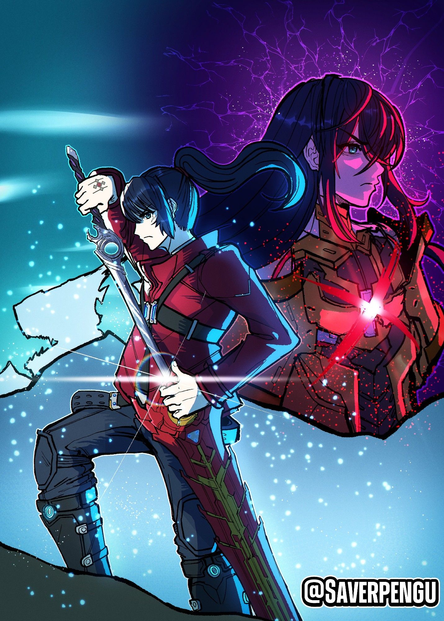 Noah drawing Lucky Seven from the scabbard on his hip, while being surrounded by blue light motes. N is looming in the distance with red light motes surrounding him. Off to the side behind Noah is the Urayan titan from Xenoblade 2.