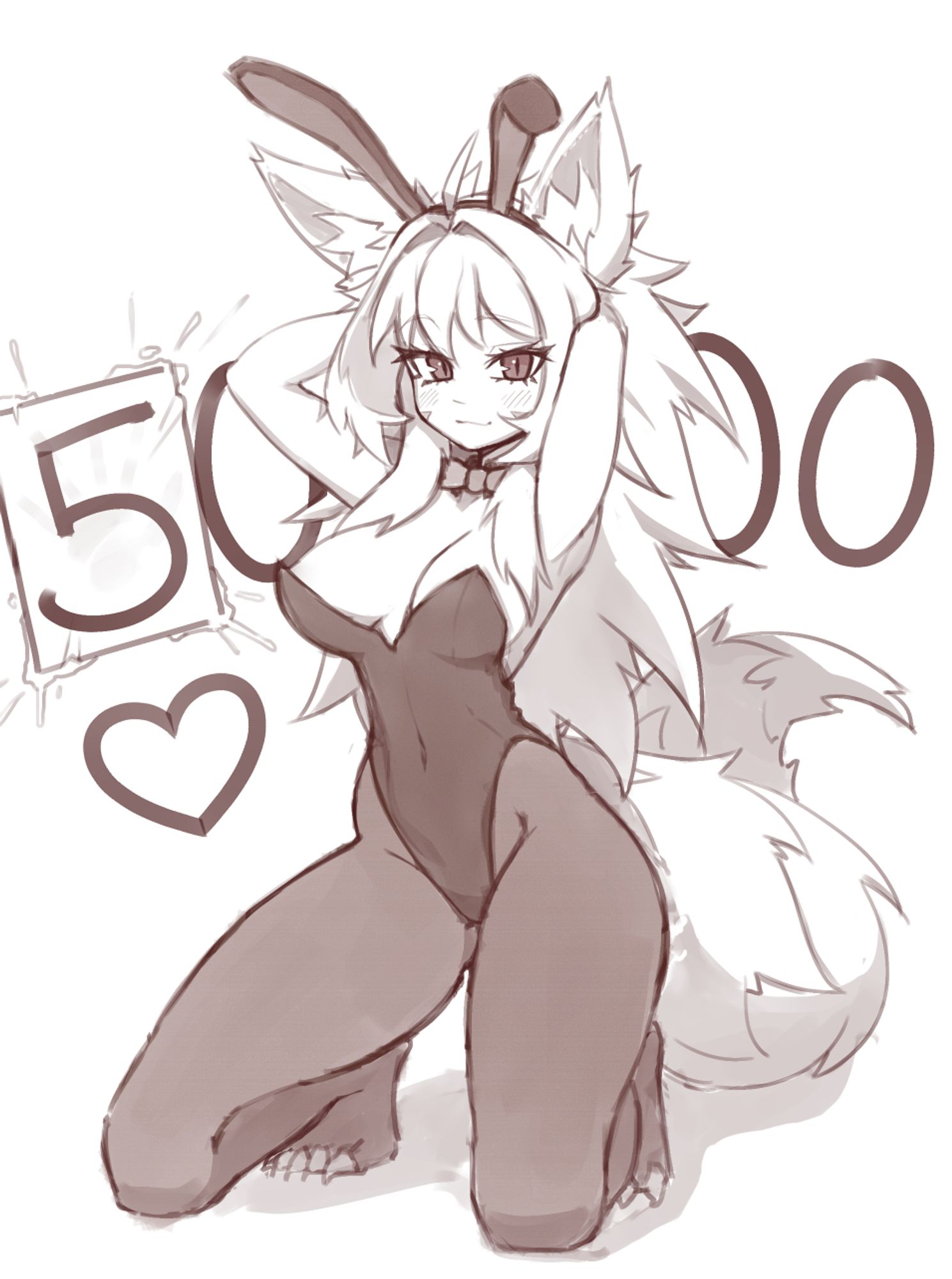 A black and white, 5000 Twitter Follower Milestone Sketch of a very attractive, fluffy, tribal kemonomimi wolf girl with big fluffy ears, a tail coiling behind her, and long, spiky and soft hair. She is rocking a black, sexy, bunny suit outfit that just barely covers her chest and nipples, complete with bunny ears and a neck ribbon. She stands on her knees with her legs spread slightly, and her thighs/butt are sitting softly on the heels of her feet. She has her arms up in the air, revealing her hairless armpits, with her forearms and hands hidden from view by being bent back into her soft hair. The sides of her body has several spiky body paint patterns going from her thighs, hips, sides, shoulders and cheeks. Most of these are hidden by the bunny suit, only the shoulder and cheek patterns are visible. 