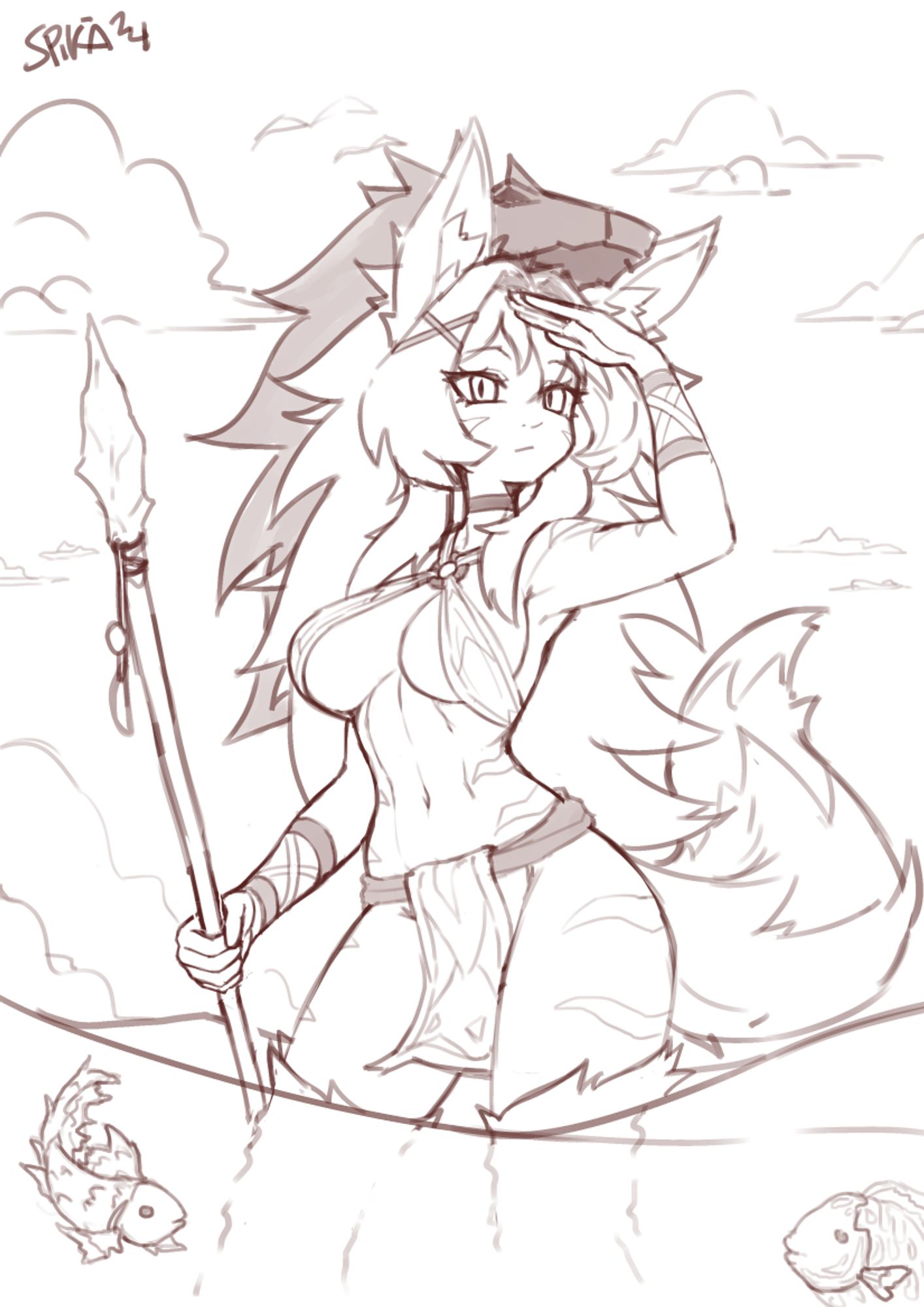 A black and white sketch of a lightly clothed and very attractive and fluffy, tribal kemonomimi wolf girl with a big fluffy ears, tail and long, spiky, soft hair. She stands knee deep in shallow seawater, surrounded by tropical fish, and holding a spear while scouting for potential food for her tribe on a lightly clouded, but warm and sunny, summer day.

She wears a bra and a loincloth made of soft cloth. Her bra is connected to a wooden ring under her collarbones, with cloth going over her shoulders and around her neck. She wears a choker, Cross pattern hair bands on her right side, two armbands around both her forearms, each connected by a cross pattern of the same fabric. She also has a Tribal mask on top of her head resembling a wolf head with long, spiky and soft hair going behind her own hair. The sides of her body has several spiky body paint patterns going from her thighs, hips, sides, shoulders and cheeks. 