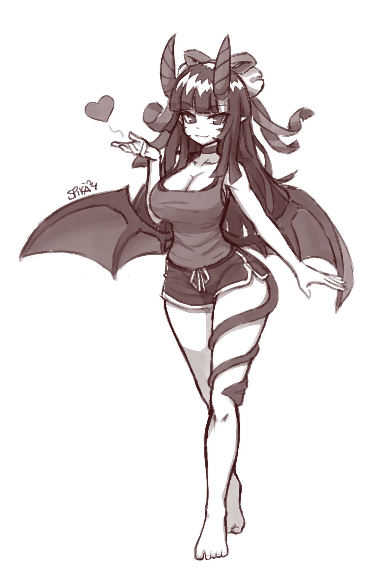 A black and white sketch of Spikà's (my) OC, Selena Song. A sexy and attractive, older sister (onee-san) Succubus. She has a light skin tone, large boobs, wide hips, and thick thigs with her black Succubus tail coiling around her left thigh. She has two black, big horns, and black, long, straight hair with a white jagged stripe of hair close to the top going all around the hair. Attached to the hair on the back are two large spherical bells held up by a ribbon with strands flowing in the air in multiple directions. In addition to horns and a tail, she has two large, black Succubus wings. She is wearing a choker, a tight sleeveless shirt exposing a large cleavage between her big breasts, with a slightly visible black bra. Below that she is rocking some black dolphin shorts and bare legs. 