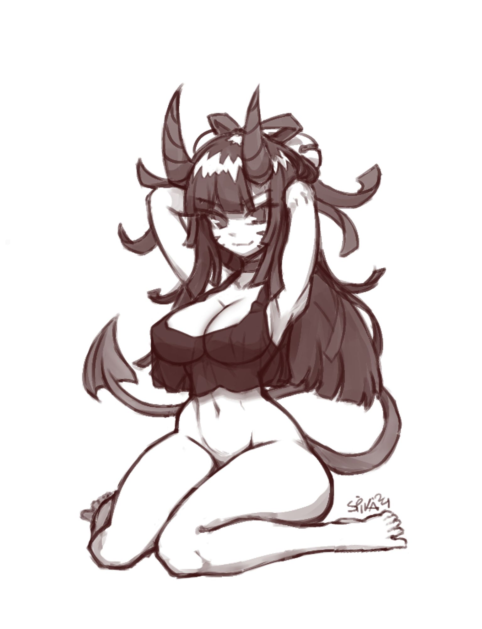 A black and white sketch of my attractive Succubus onee-san OC with large boobs, a soft tummy, thick thigs and wide hips. She has black, long and straight hair with a white jagged stripe of hair close to the top going all around the hair. Attached to the hair on the back are two large spherical bells held up by a ribbon with strands flowing in the air in multiple directions. She two big succubus horns, and a long, thin and pointy tail with an arrow shaped tip curling behind her. She is sitting on her butt with knees forward and legs to the side. She has her arms up, with her forearms and hands bent backwards into the hair, revealing her sexy hairless armpits. She is wearing nothing but a choker, two bells and a ribbon, and a loose, black see-through shirt, just short enough to not cover her sexy, soft tummy and belly button. No nipples are visible through the shirt. 