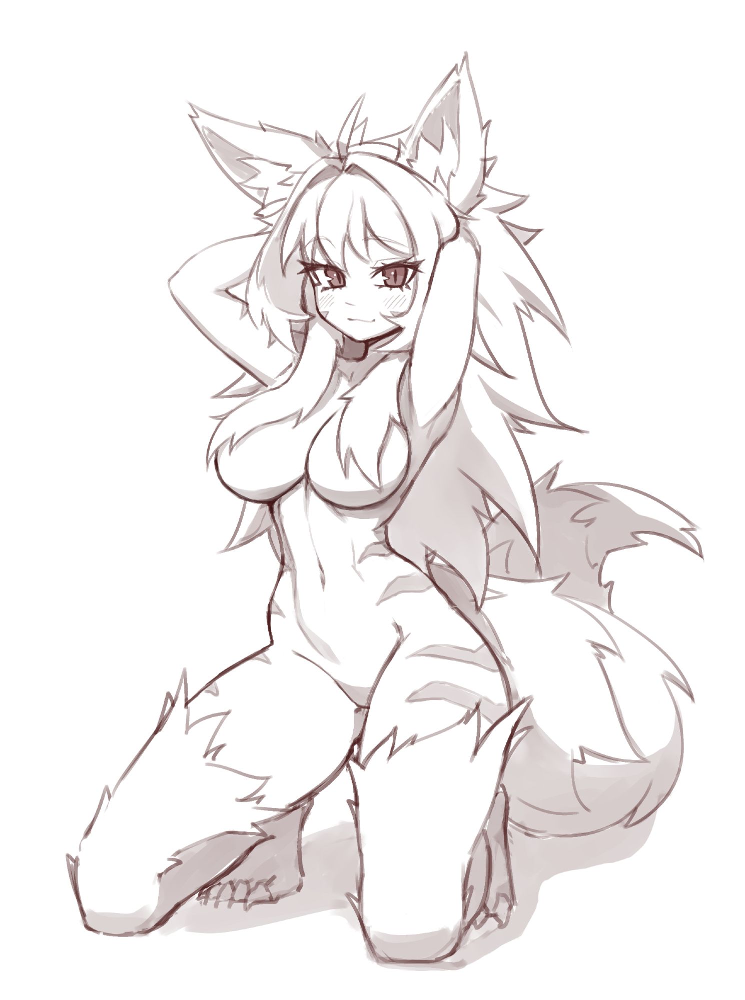 Version with a fixed mistake: Her boobs are now the correct, larger size.
A black and white, 4000 Twitter Follower Milestone Sketch of a very attractive, nude and fluffy, tribal kemonomimi wolf girl with big fluffy ears, a tail coiling behind her, and long, spiky and soft hair. She stands on her knees with her furry legs spread slightly (only her legs below the thighs are furry), and her thighs/butt are sitting softly on the heels of her feet. She has her arms up in the air, revealing her hairless armpits, with her forearms and hands hidden from view by being bent back into her soft hair. Her nipples are cover by strands of fluffy hair, and her crotch is covered by her left thigh. The sides of her body has several spiky body paint patterns going from her thighs, hips, sides, shoulders and cheeks. 