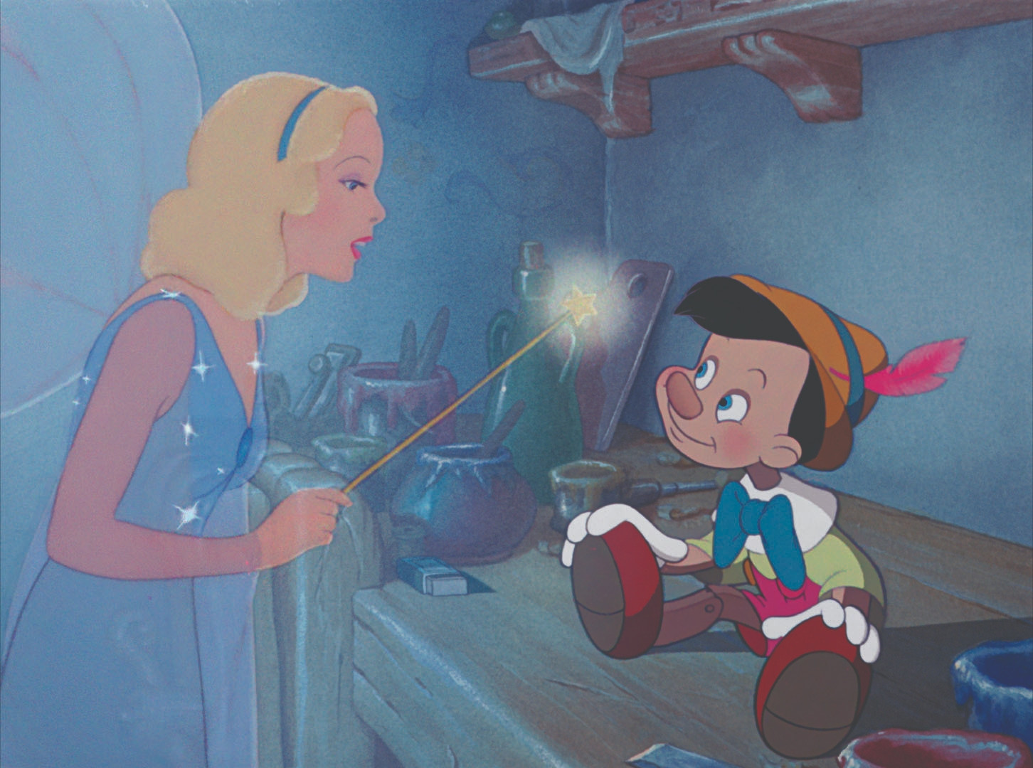 The Blue Fairy and Pinocchio in a scene from the Disney animated film