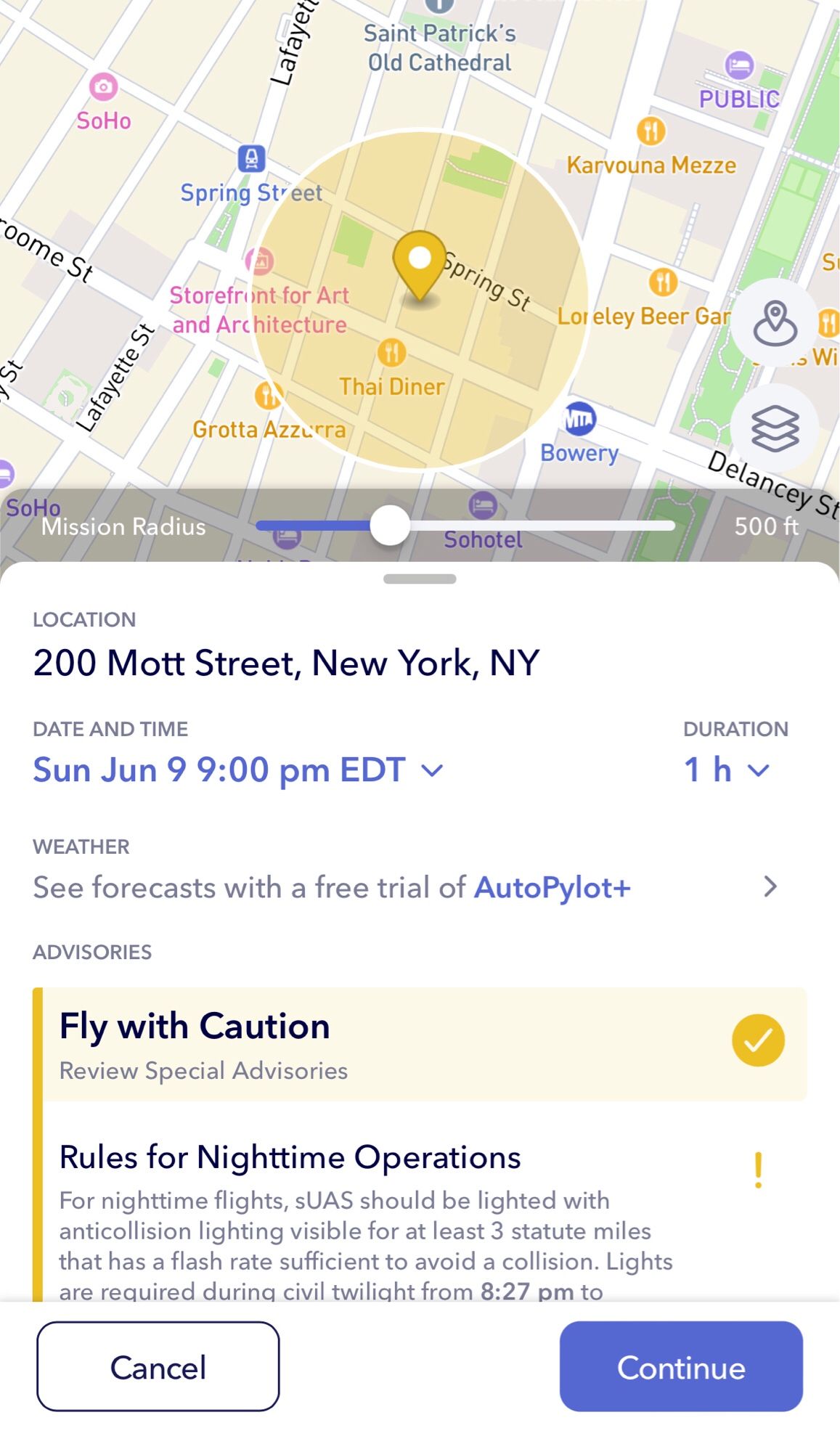 Autopylot app showing ability to request LAANC  clearance for drone flight in downtown manhattan