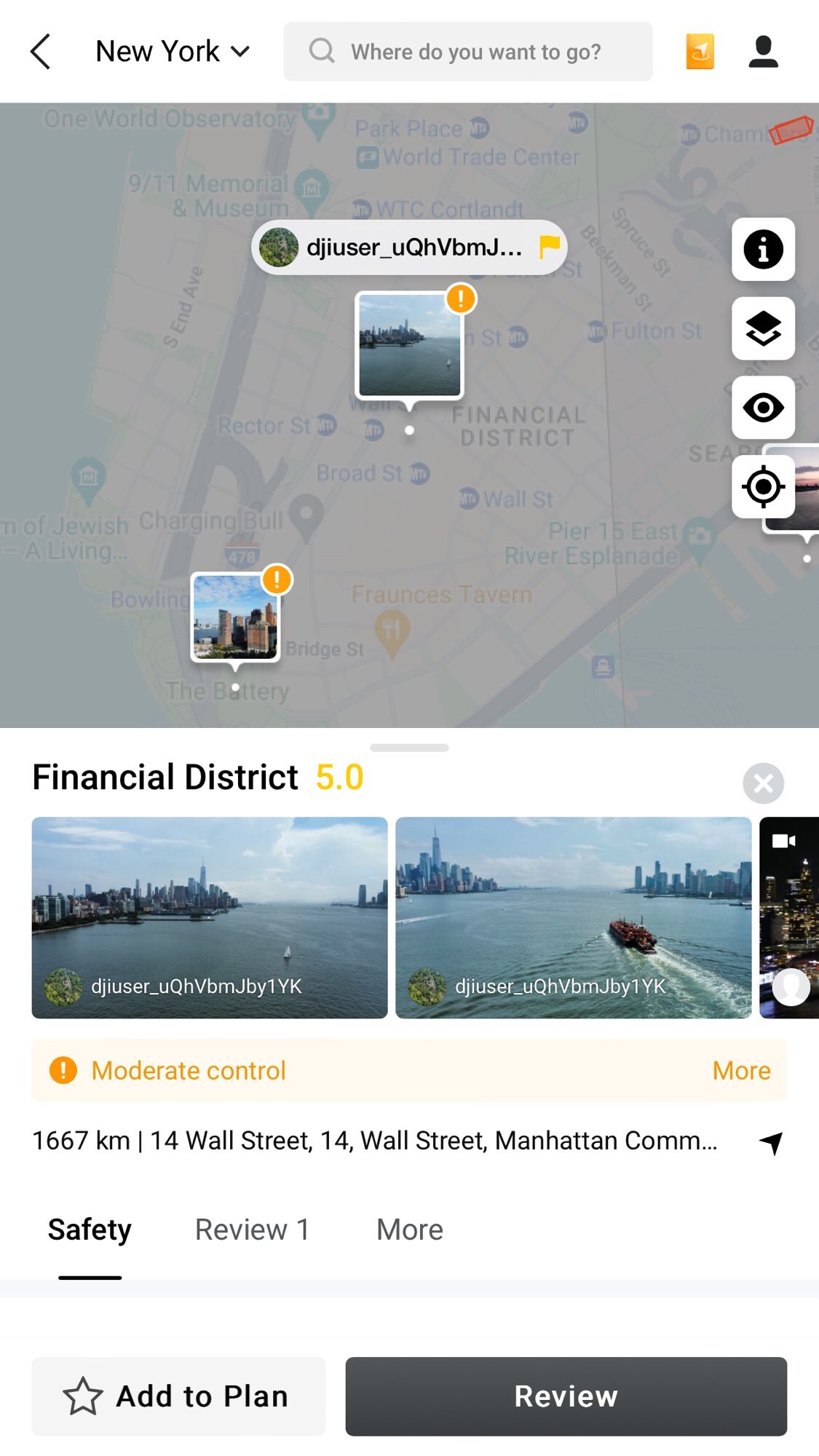 DJI Fly app showing no major restrictions and drone pictures of downtown manhattan