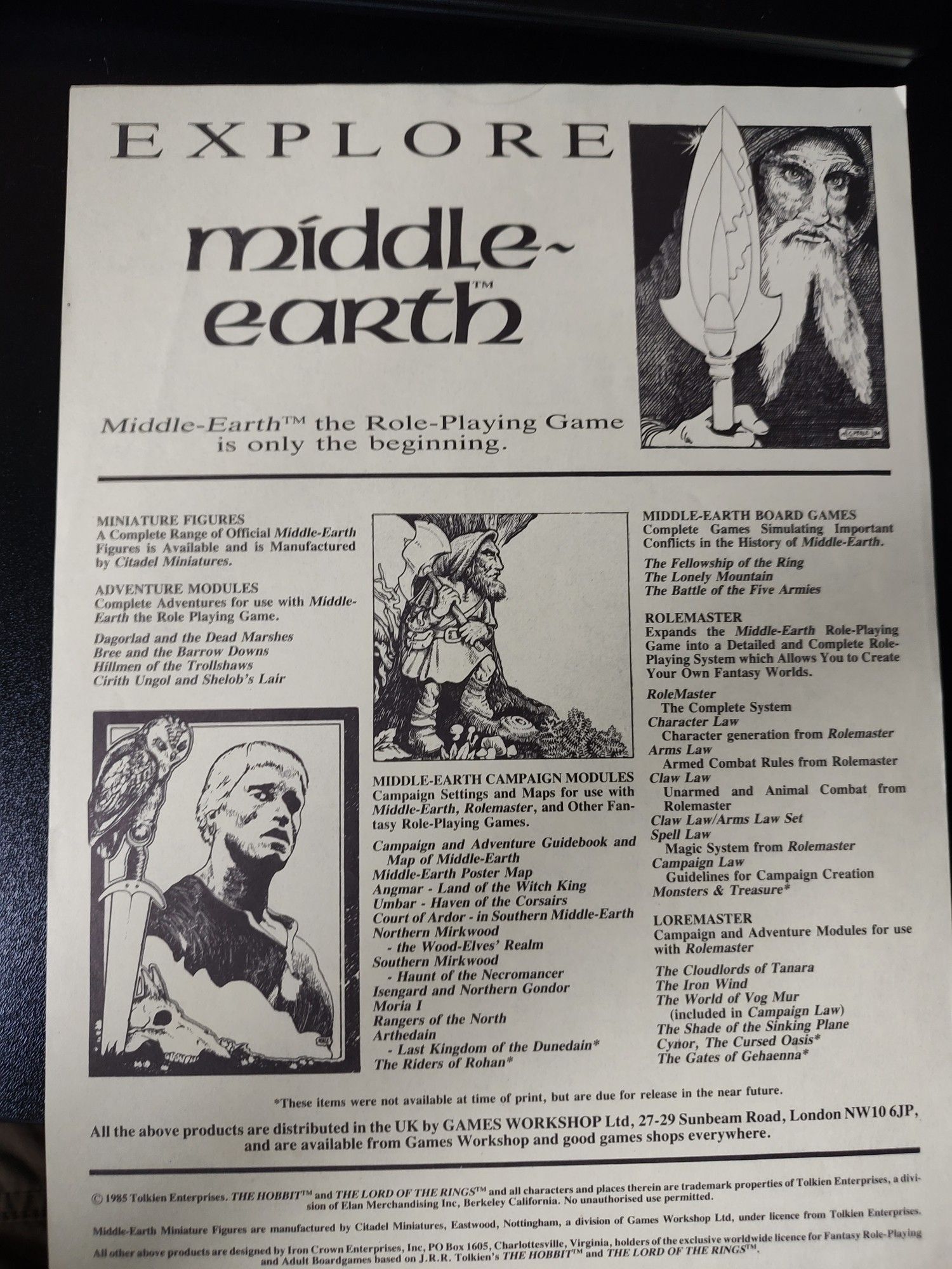 Explore Middle Earth - a flimsy paper flyer for Middle Earth roleplaying products sold by Games Workshop