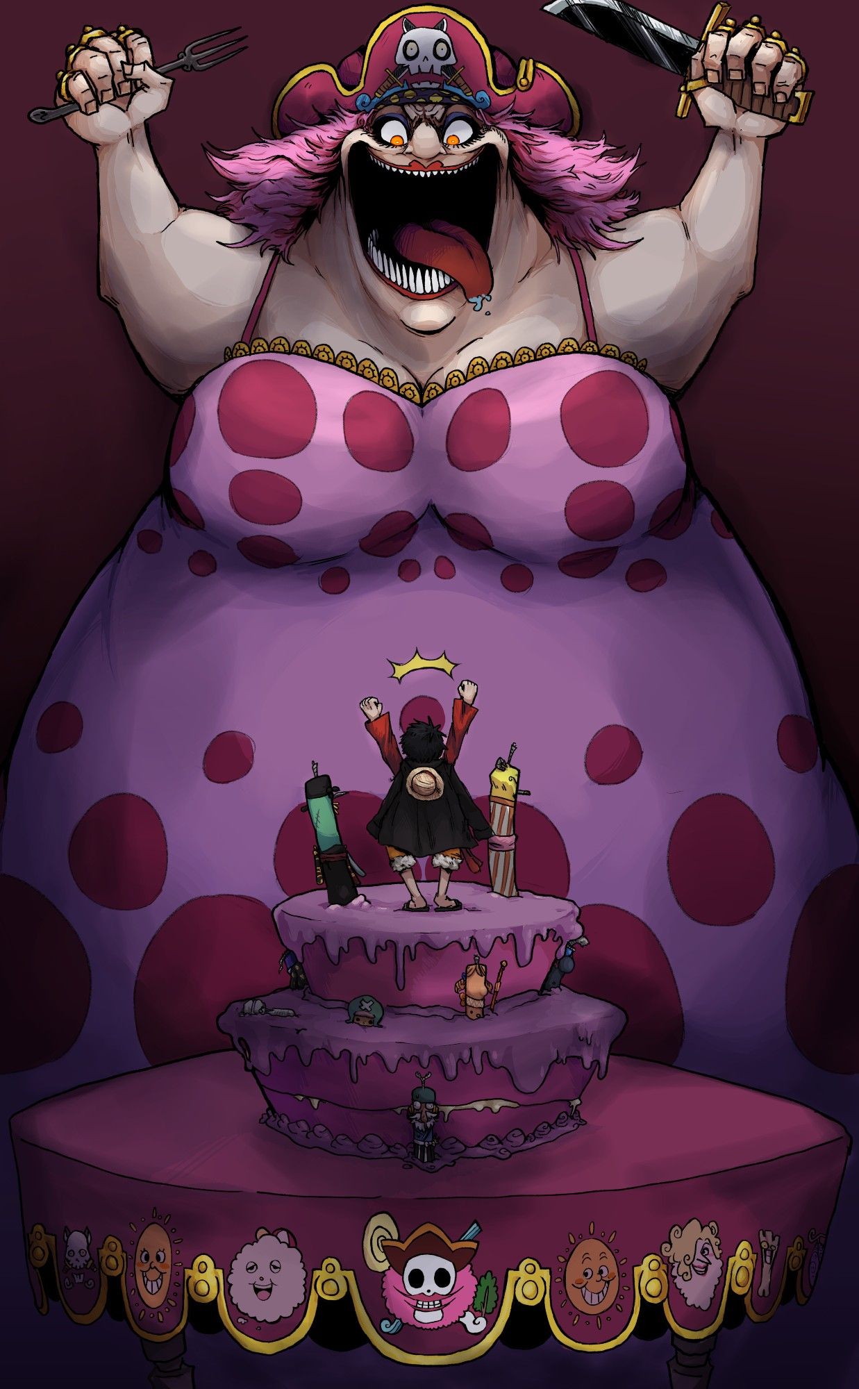 An illustration of Big Mom looming over Luffy and the Strawhat crew as candles!