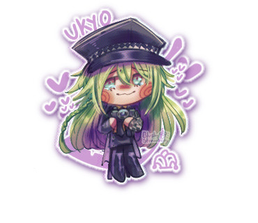 Chibi drawing of ukyo holding a camera with both hands and teary eyes and an uwu smile. He is surrounded by hearts, but there is a purple outline of a reapers scythe and joker hat behind him. 