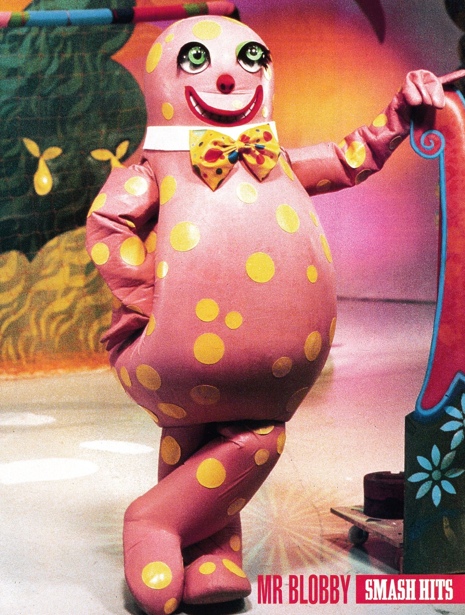 Mr. Blobby, a large pink creature - it has bright pink skin with yellow spots, wears a bow-tie, and has a creepy fixed grin. Blobby stands around on a gaudily-coloured set.

Blobby went on to have the Christmas 1993 number one.