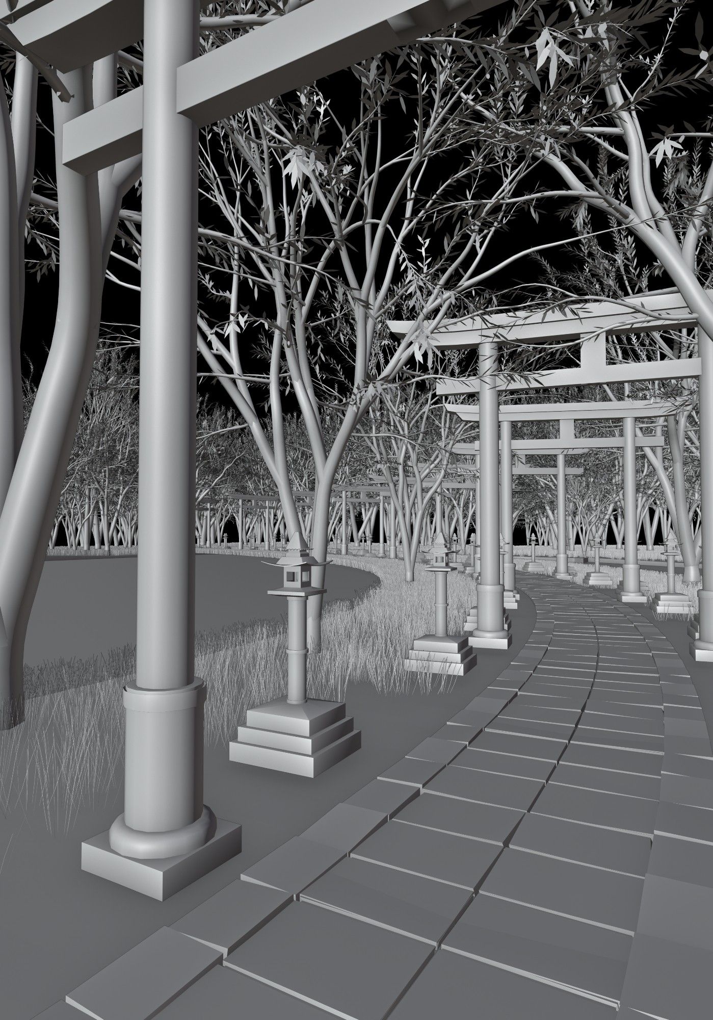 A 3d unrendered scene showing a path with torii gates along the way.