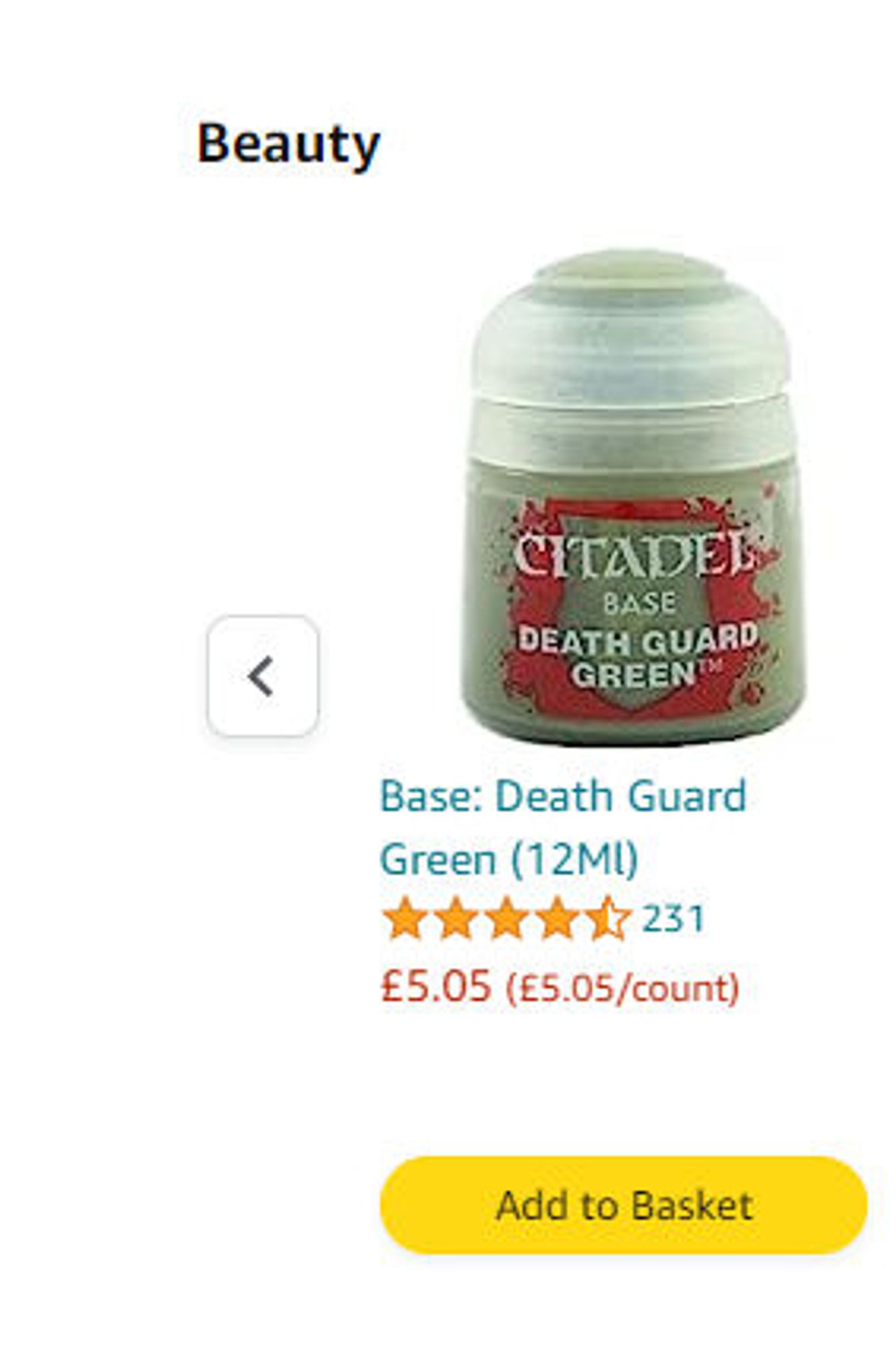 A pot of warhammer "Death Guard Green" paint advertised under the "Beauty" category on Amazon.