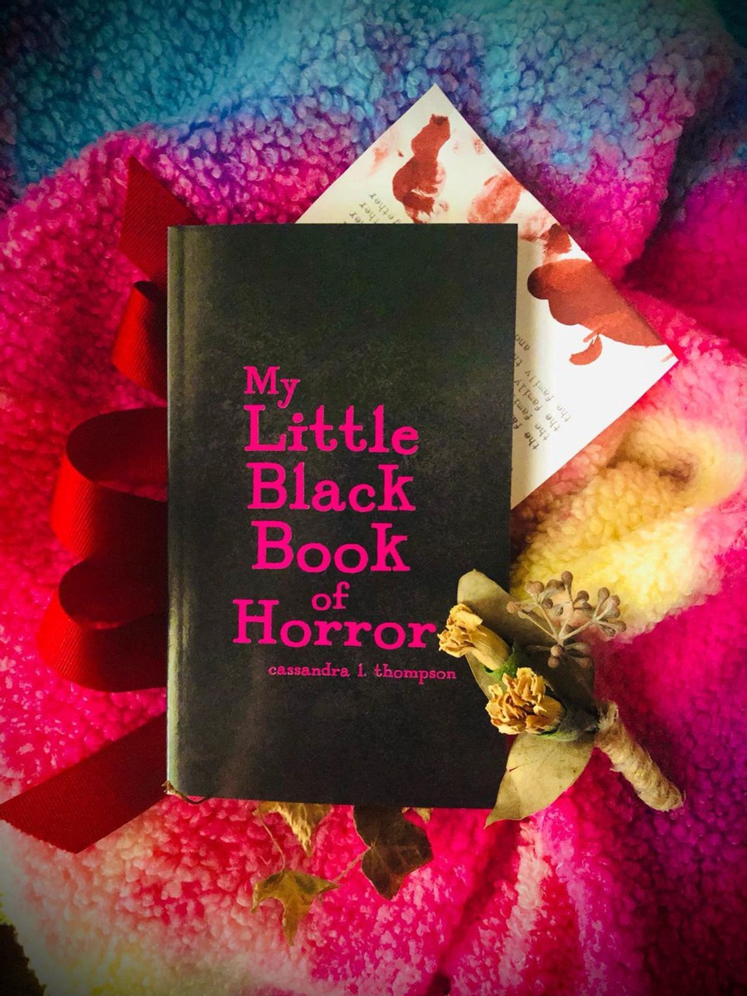 Alt Text: My Little Black Book of Horror, a black book with bright pink letters for the title. It is sitting on a background of bright, 90's color material (okay, it's my Ken hoodie) and red ribbons, 'blood' (ink) soaked letters, and dried, dead flowers.