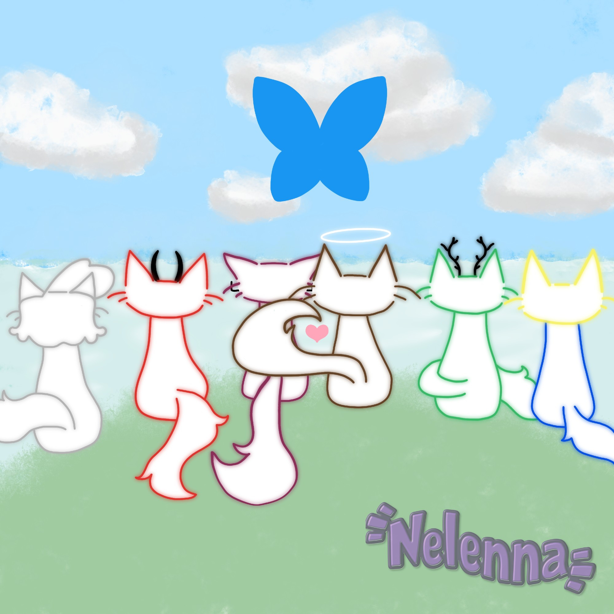 Bluesky logo with all of my friends as cats <3