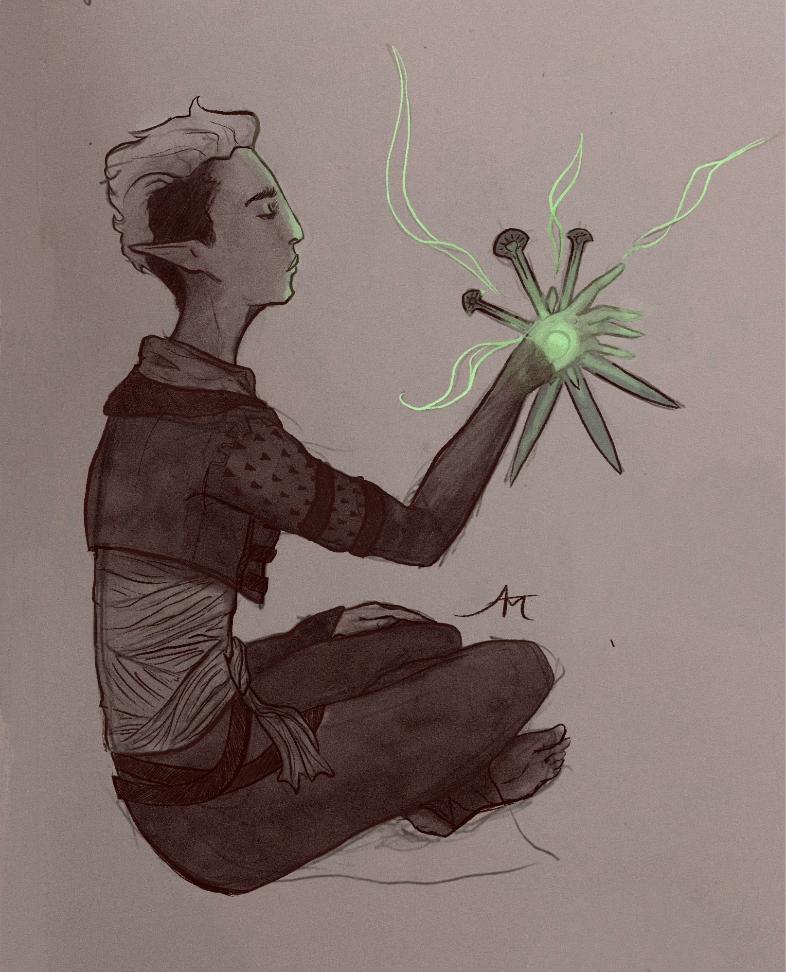 My dalish elf inquisitor sitting with her assassins knives in her glowing green hand.