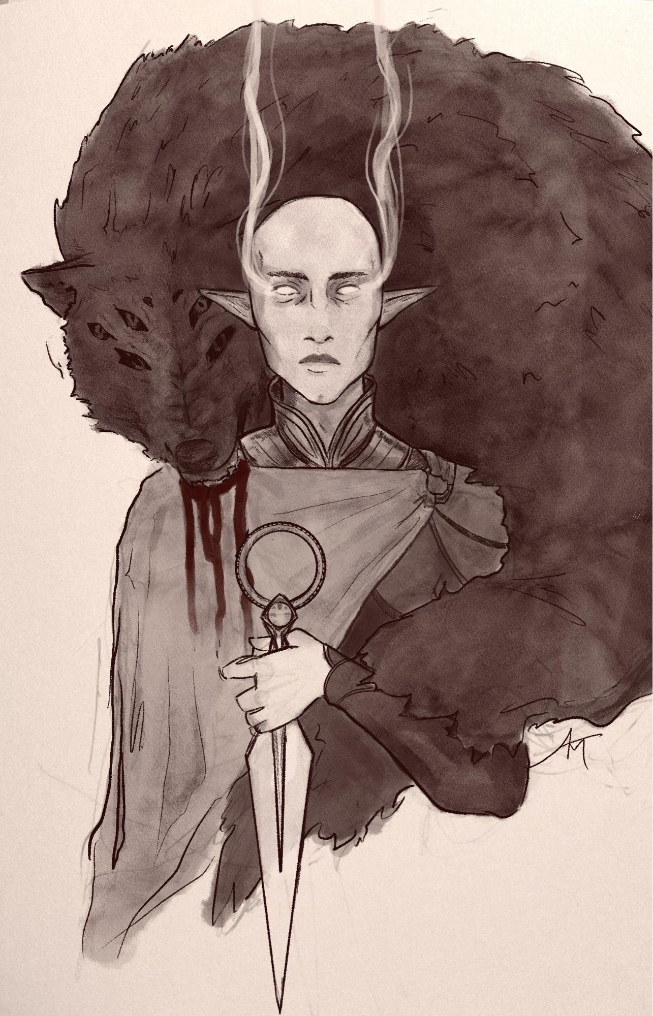 A sepia drawing of Solas with a large wolf around his shoulders instead of his signature stole. The wolf is biting his shoulder, drawing blood, but Solas' expression is neutral.