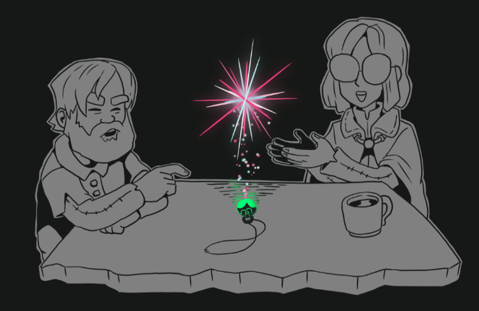 Two magicians are sitting at a table, with an enchanted green necklace between them. The bearded man on the left is pointing at the necklace, while the woman with large glasses on the right is casting a colorful magic spell above the relic.