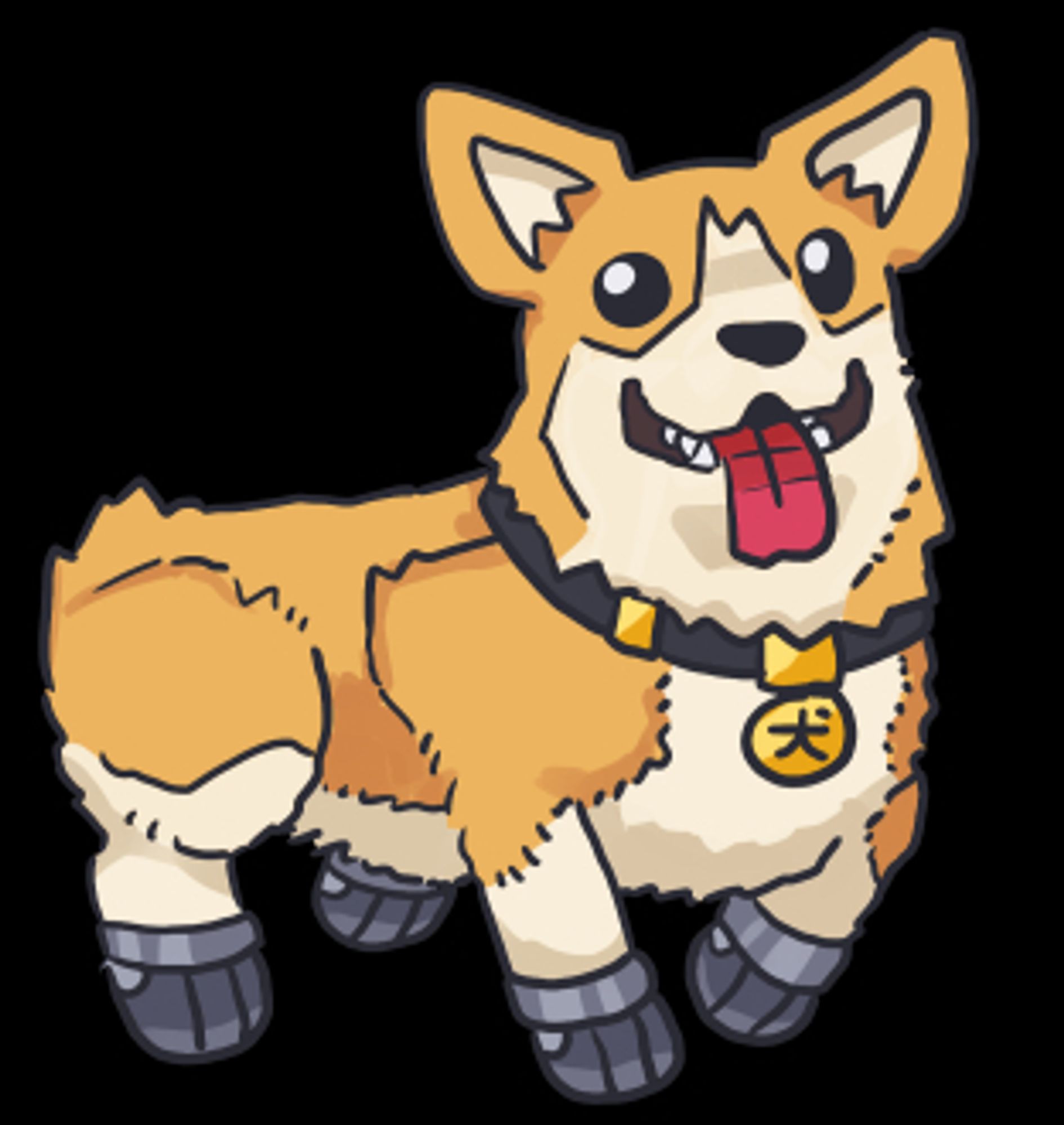 A goofy-looking robot dog modeled after a Welsh corgi, named Yipyap. 
 He's wearing a collar with the kanji for 'dog' and has metallic paws. He's very happy.