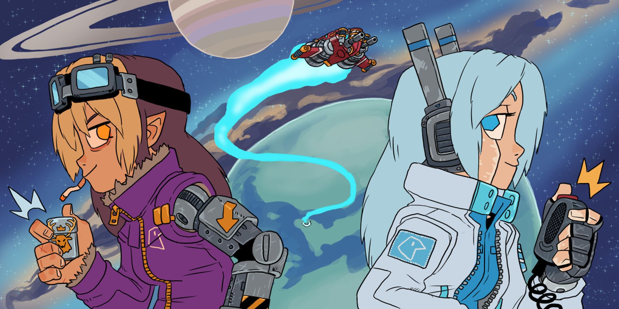 Two women standing back-to-back as a red spaceship launches from Saturn's moon, Titan. On the left side, Amy is wearing a purple jacket and goggles, and has a mechanical arm. Amy is lighting a cigarette. On the right, Haley has a white jacket and long robotic antennae instead of ears. She is holding a CB radio microphone.