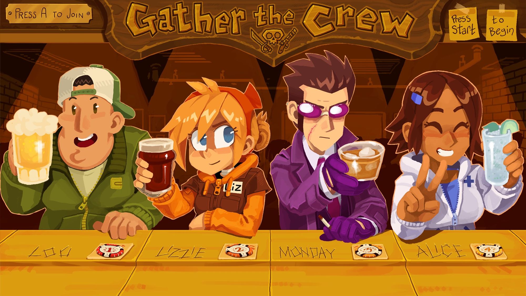 A character select screen with "Gather the Crew" in the top banner. Four characters from the Dead Winter comic are sitting at a bar, facing the viewer. From left to right: Lou, in a green jacket and backwards baseball cap holding a frothy light beer beer; Lizzie, wearing a hoodie and red bandana on her head with a darker beer; Monday, in a purple suit and sunglasses holding a whiskey; Alice, grinning and holding a mojito in one hand, making the peace sign with her other.