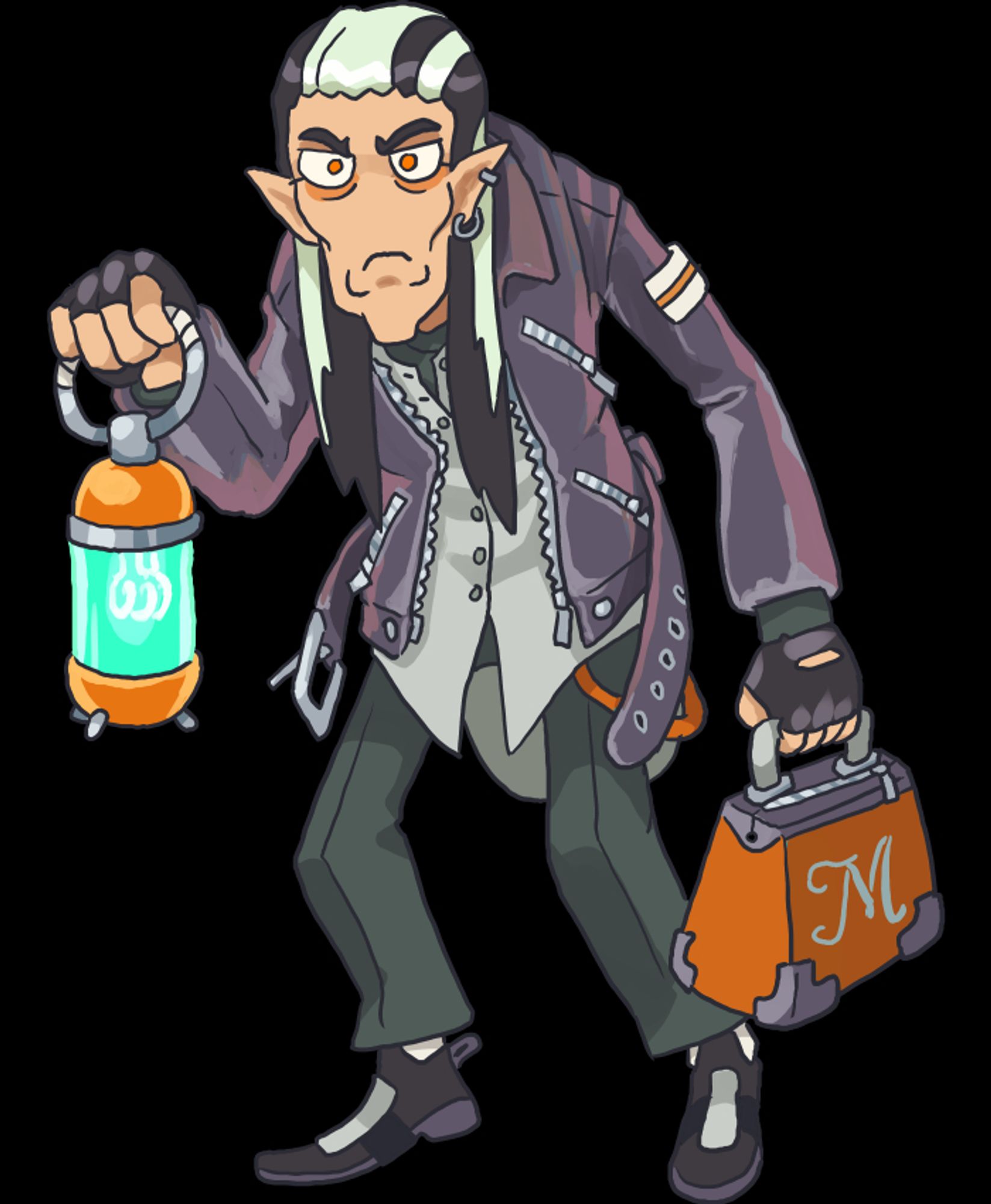 A cranky old man wearing a leather jacket and slacks with an untucked shirt. He has pointed ears with earrings on one side, and long black-and-gray hair.  He's carrying a lantern in one hand, and a bag with a large M in his other.