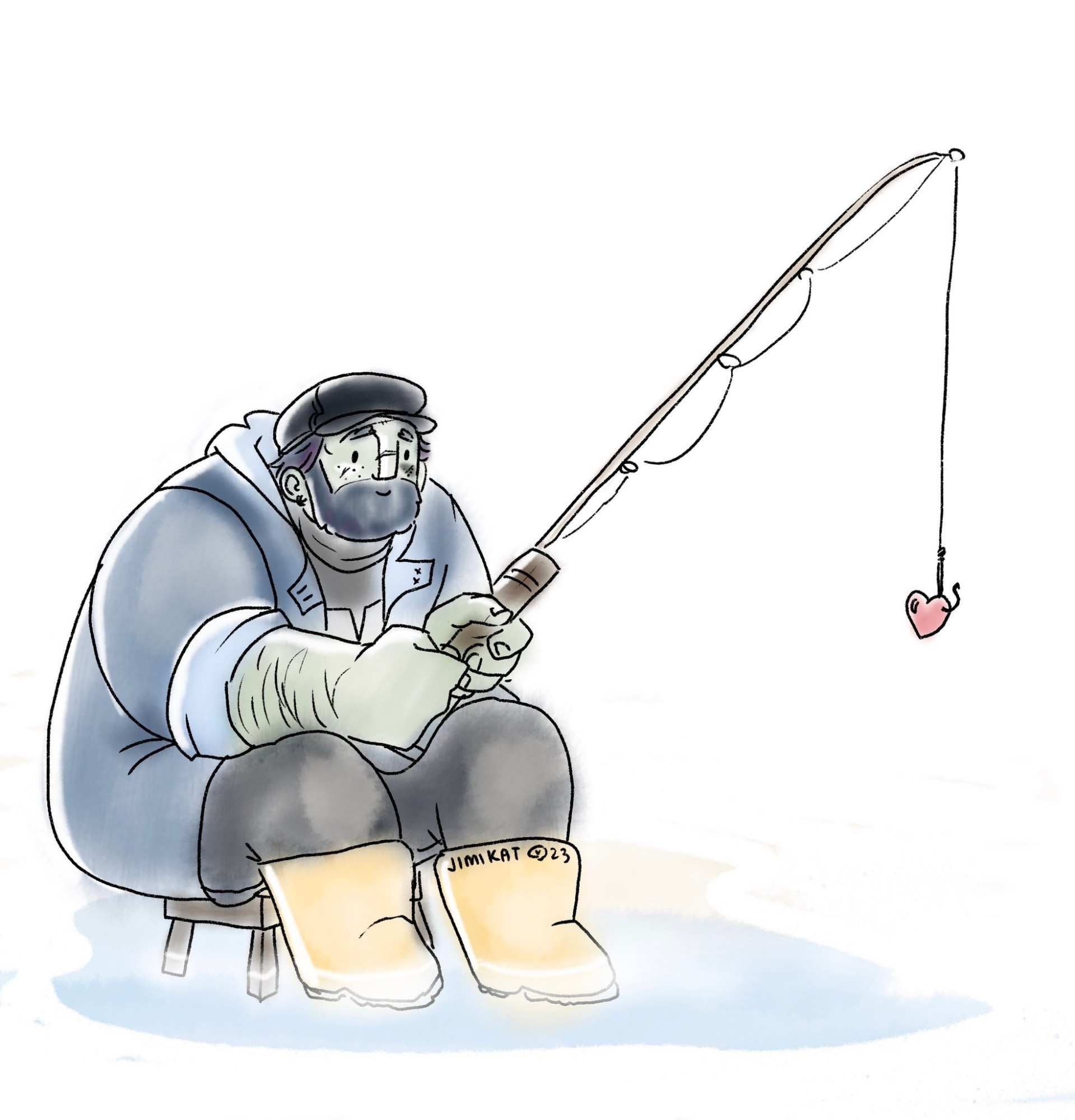 Watercolour illustration of ganzfrynn fishing up a little heart