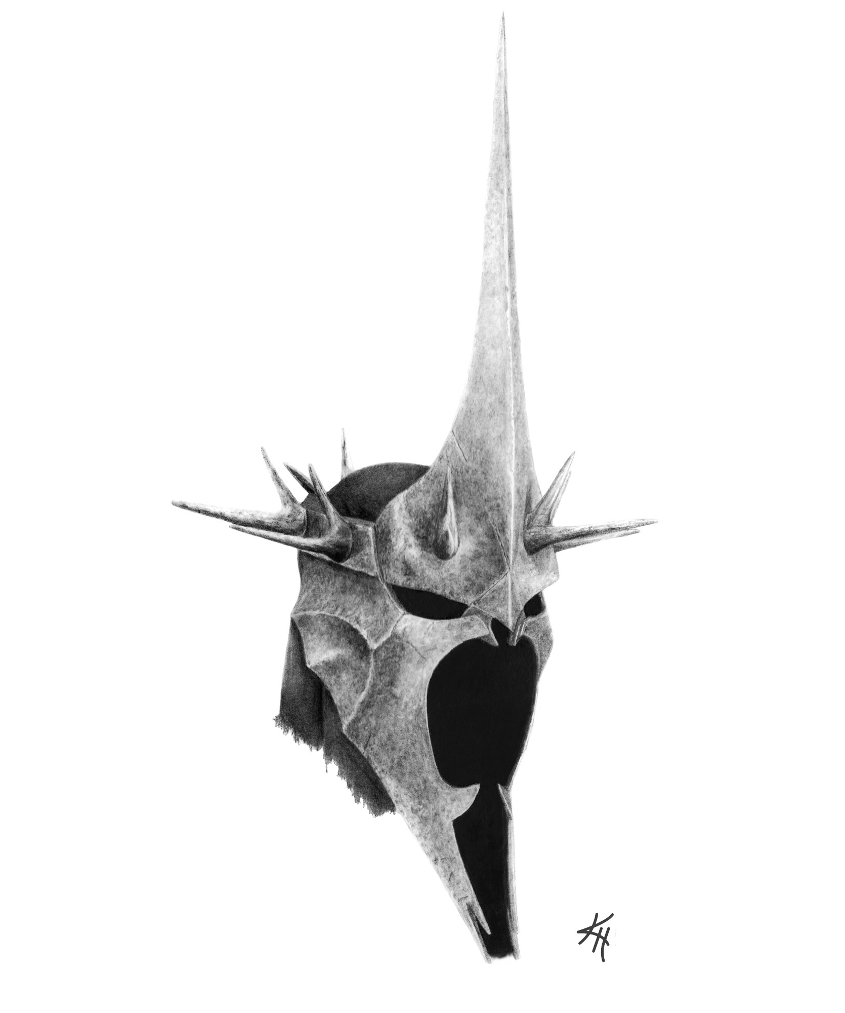 Image of a black and white pencil illustration of the witch-king's helmet from Peter Jackson's Lord of the Rings film trilogy.